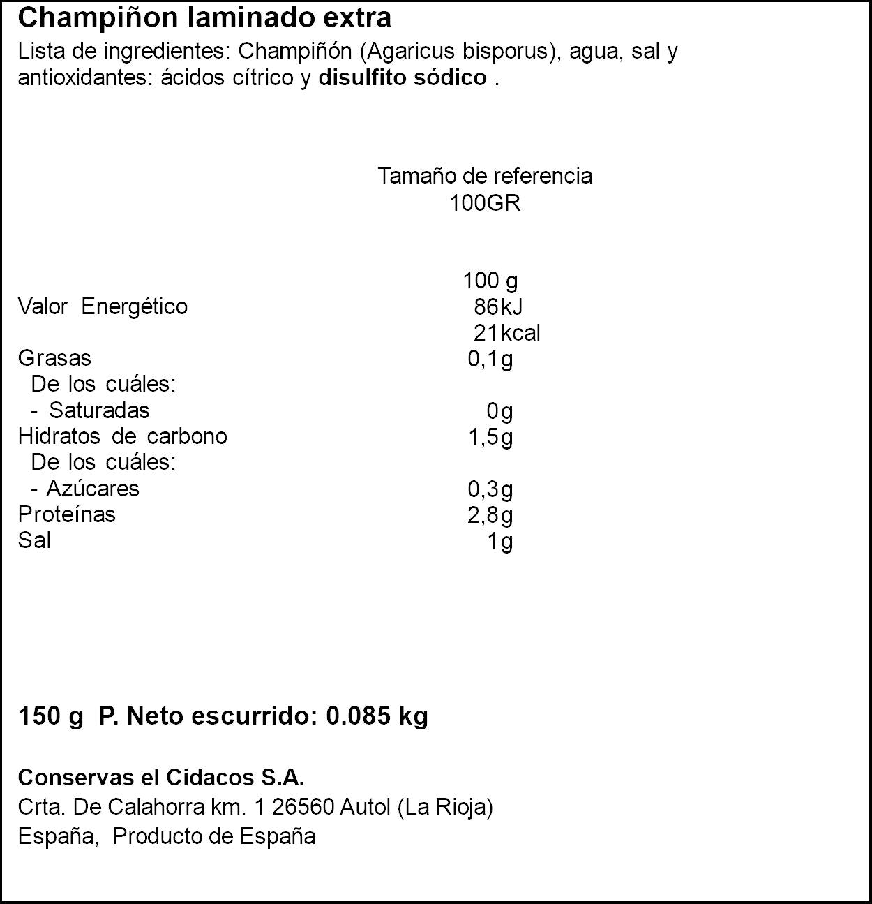 Champiñón laminado lata Cidacos 85g escurr