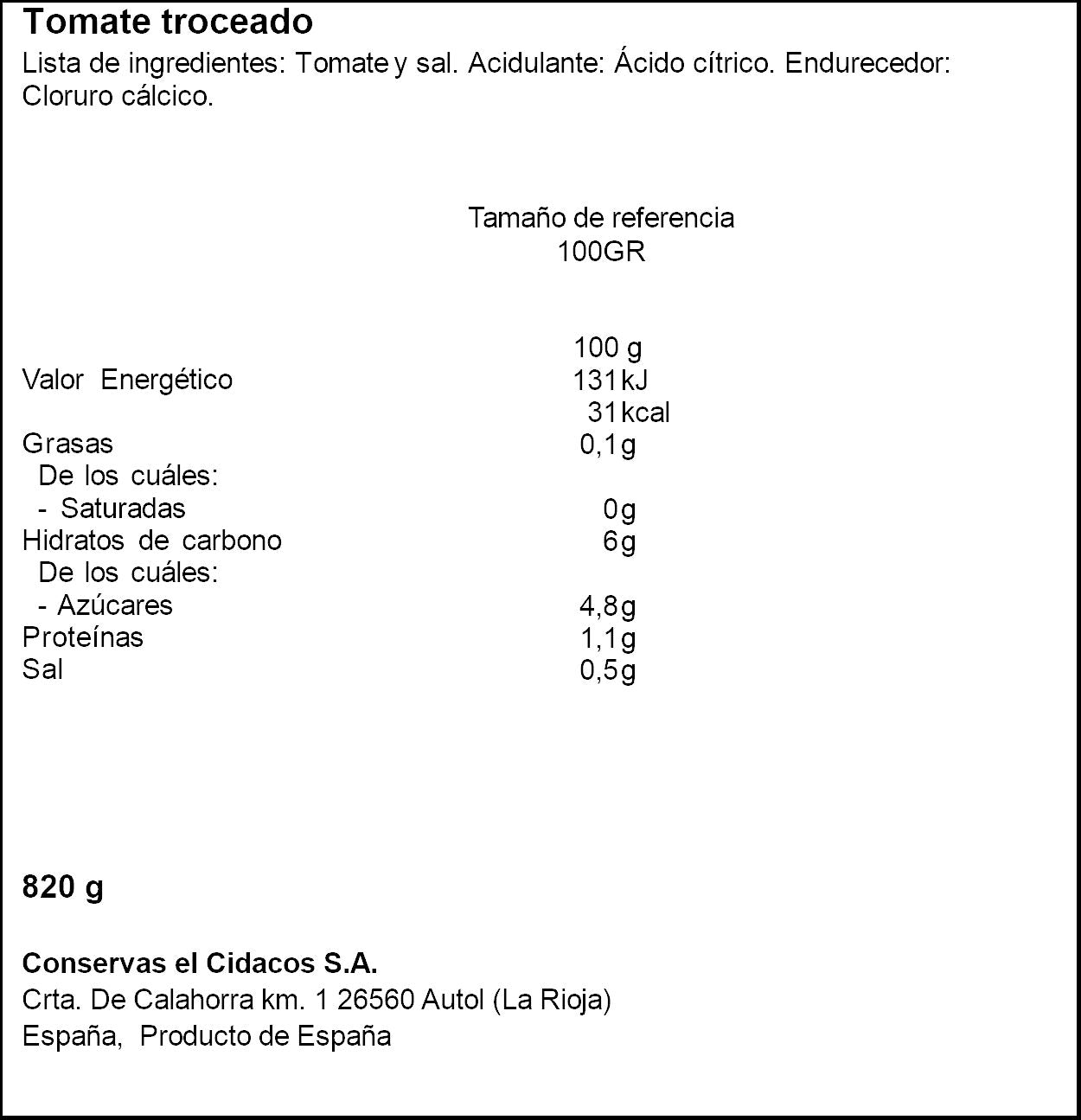 Tomate troceado extra lata Cidacos 820g escurr