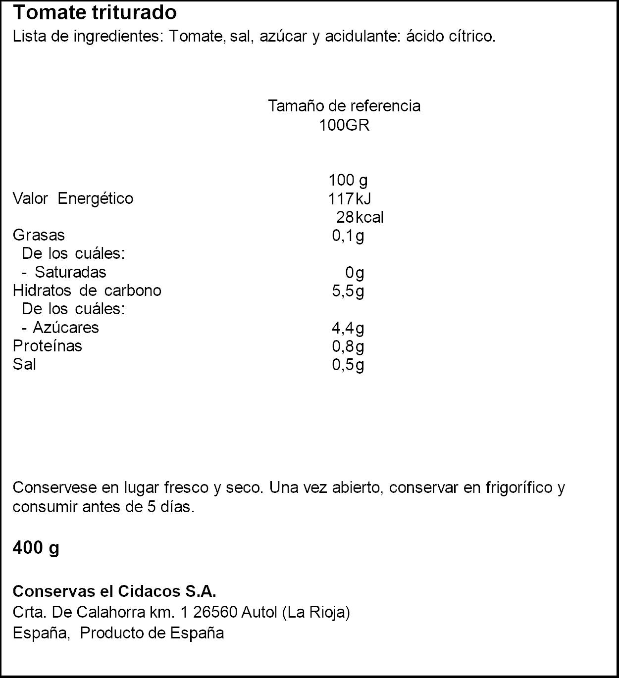 Tomate triturado extra lata Cidacos 400g escurr
