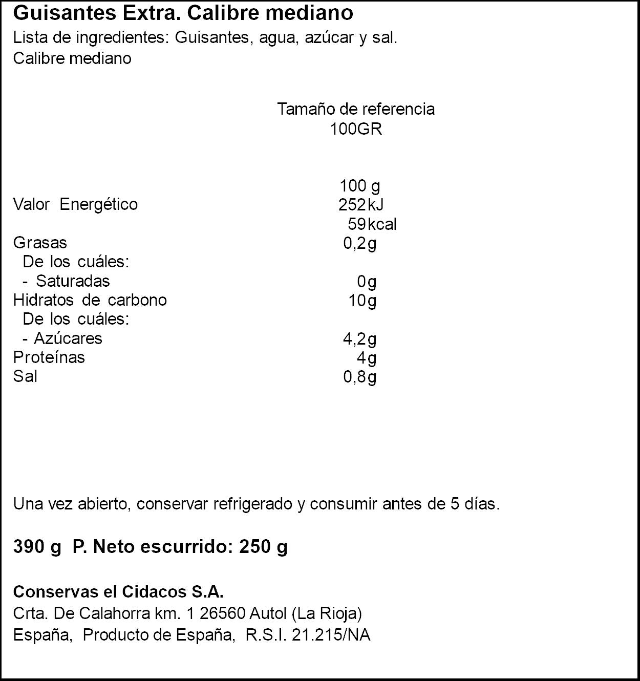 Guisantes lata Cidacos 250g escurr