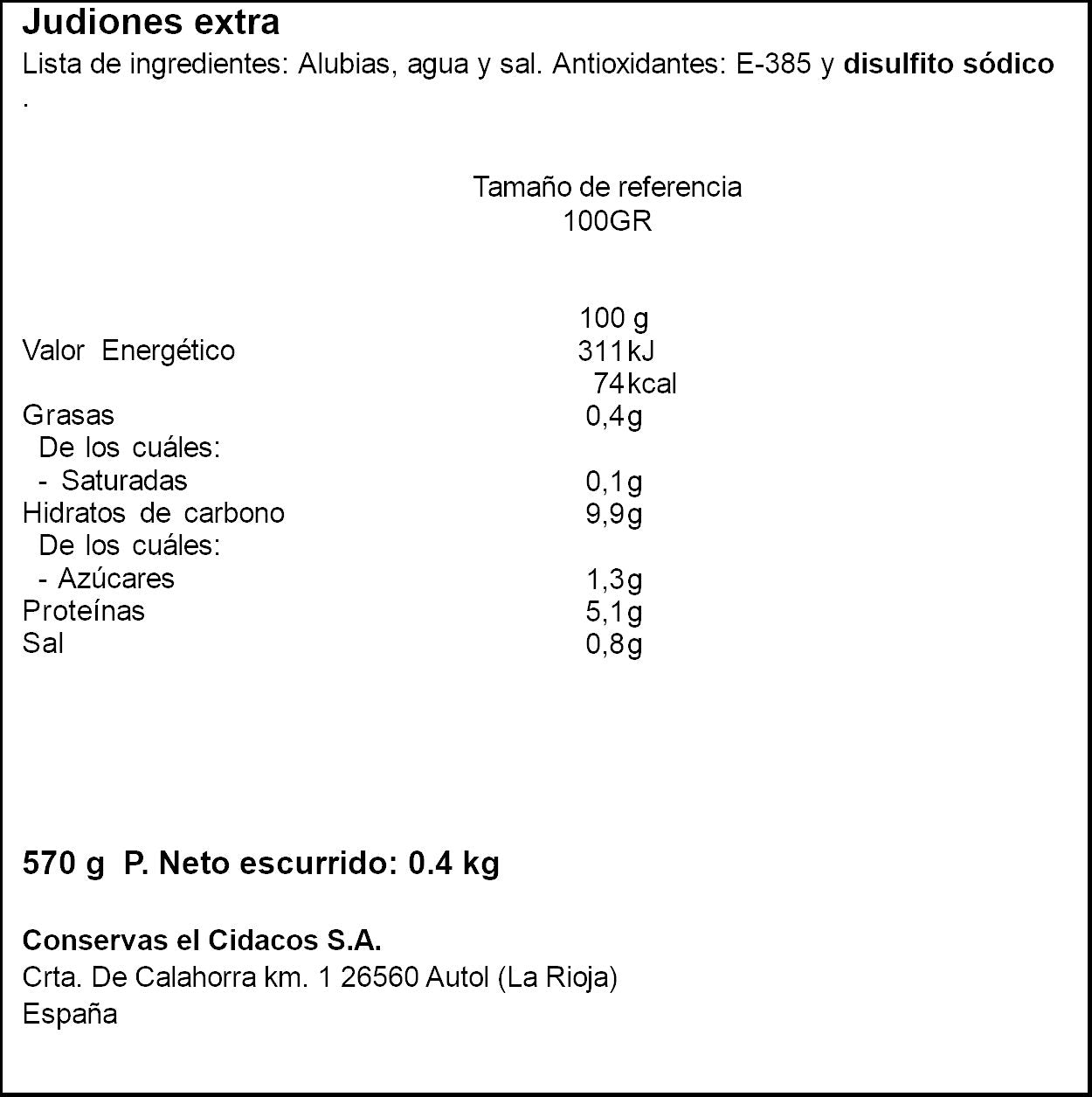 Alubia cocida judiones extra cristal Cidacos 400g