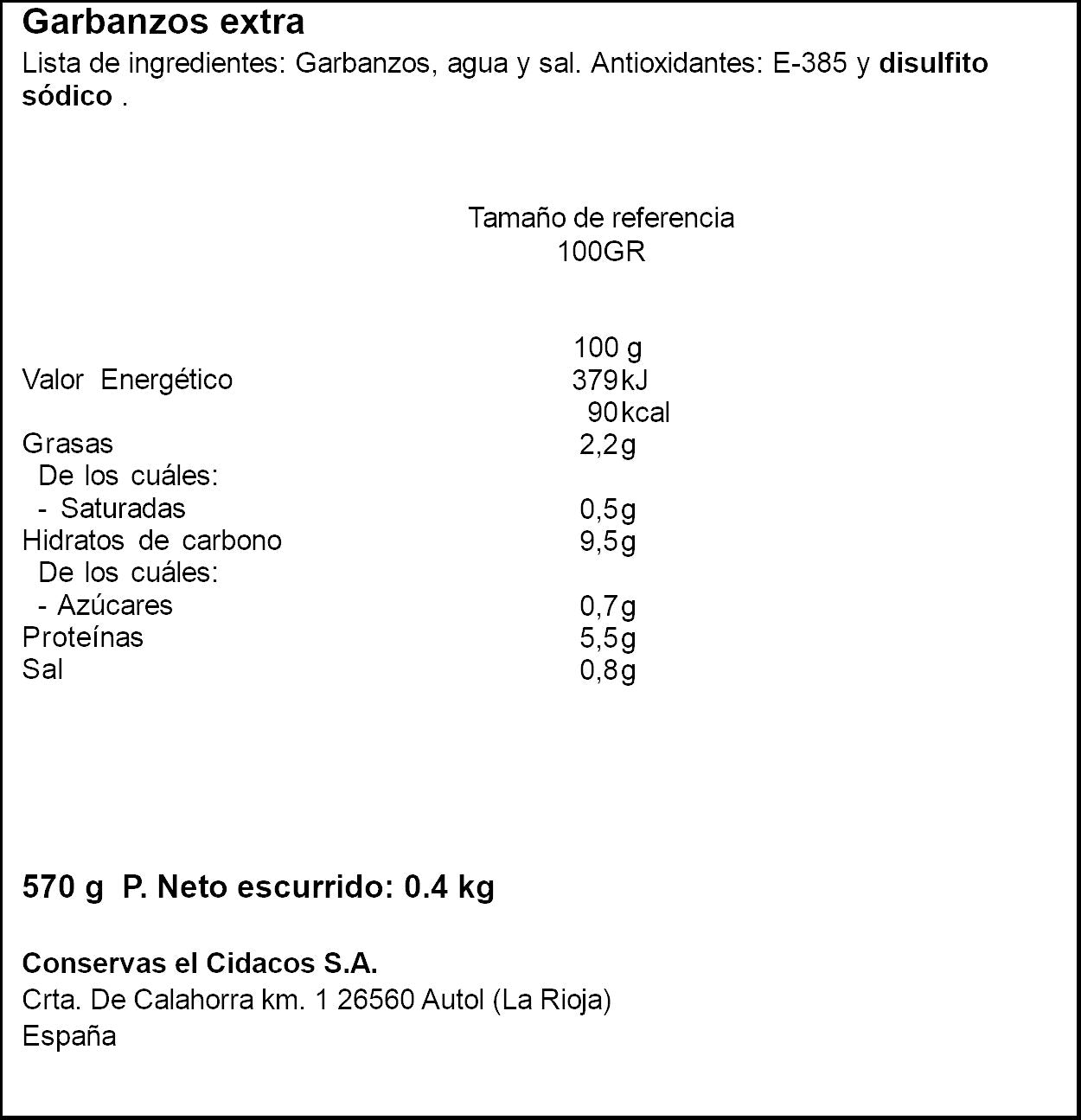 Garbanzo cocido cristal Cidacos 400g escurr