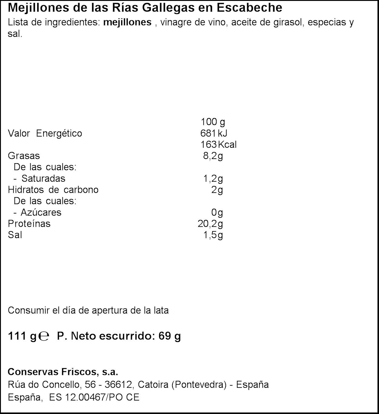 Mejillon escabeche 8/12 lata Friscos 69g escurr