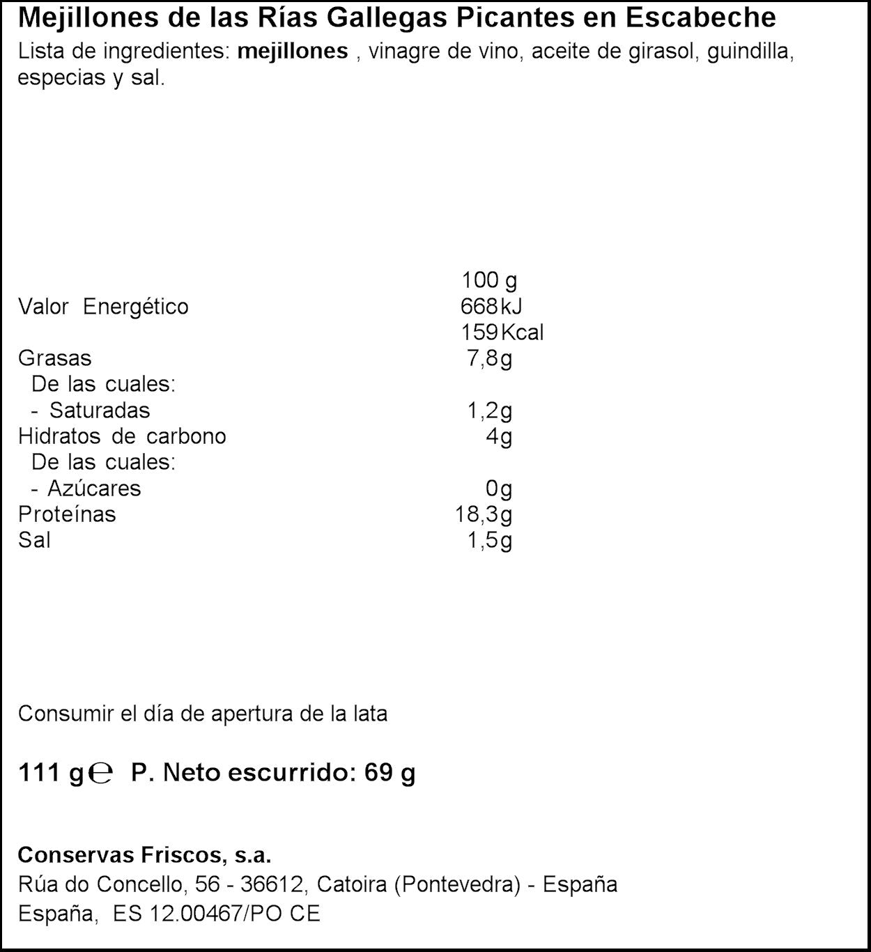 Mejillon picante 13/18 lata Friscos 69g escurr