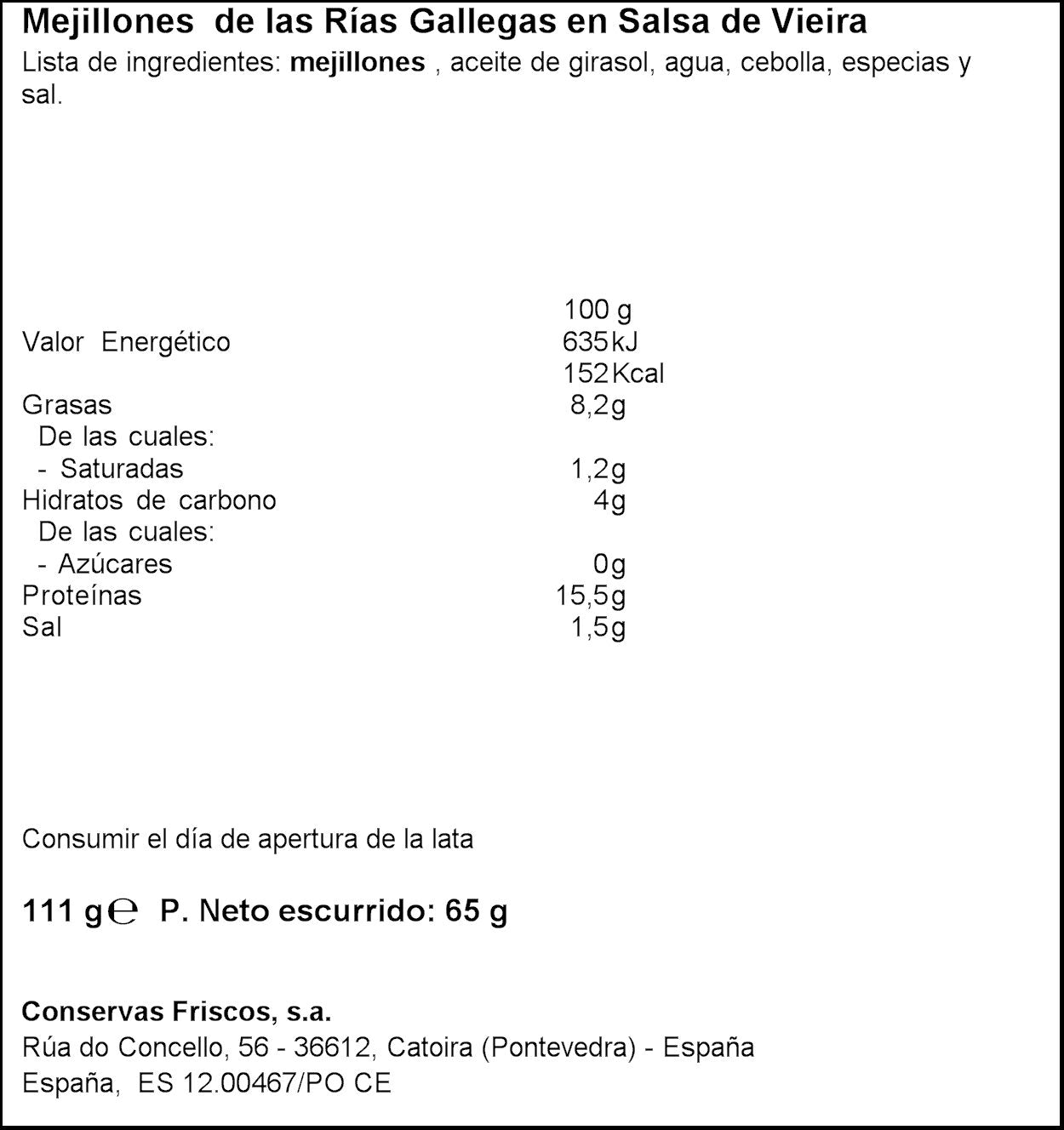 Mejillon salsa vieira 13/18 lata Friscos 65g escurr