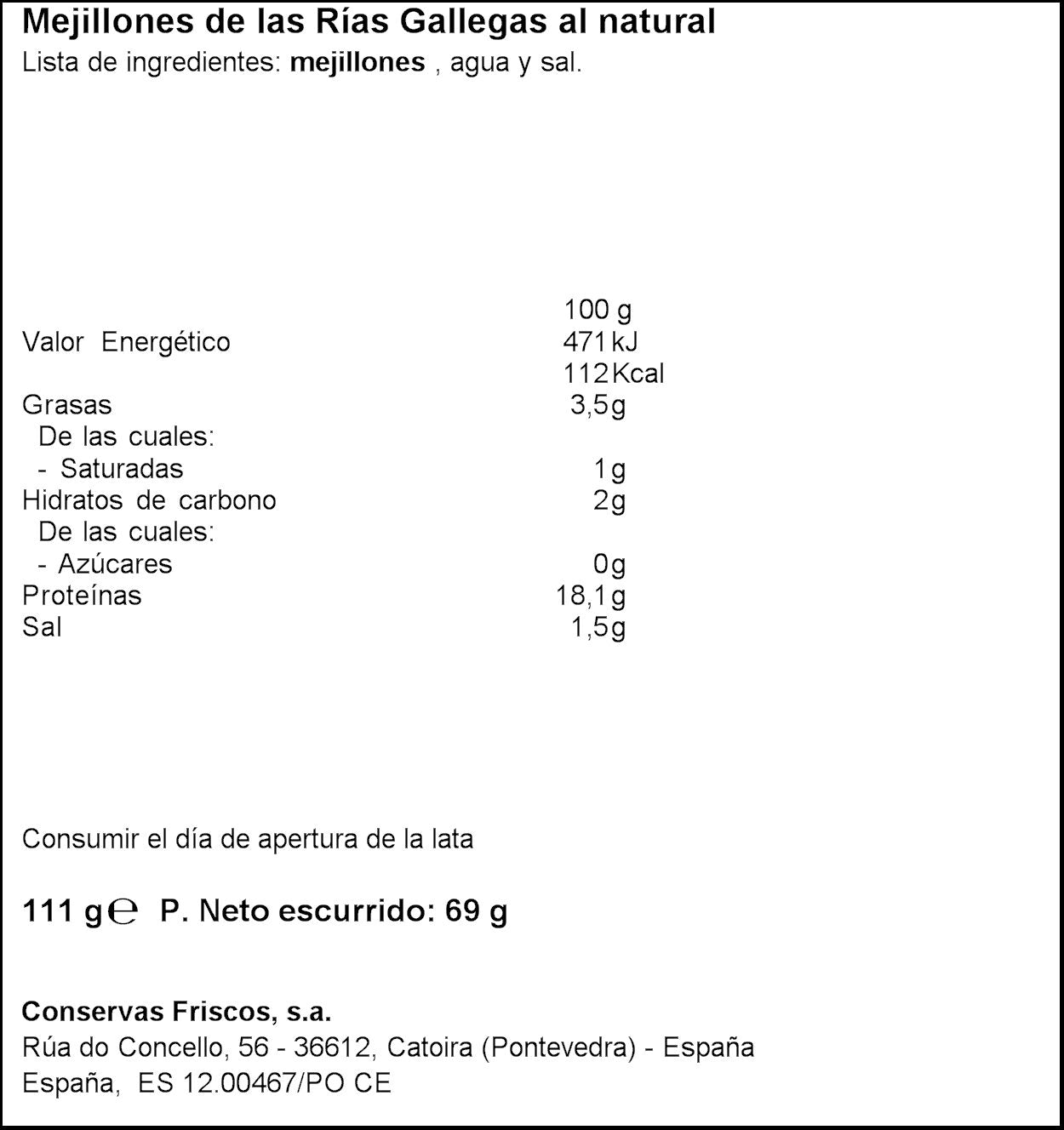 Mejillon natural 13/18 lata Friscos 69g escurr