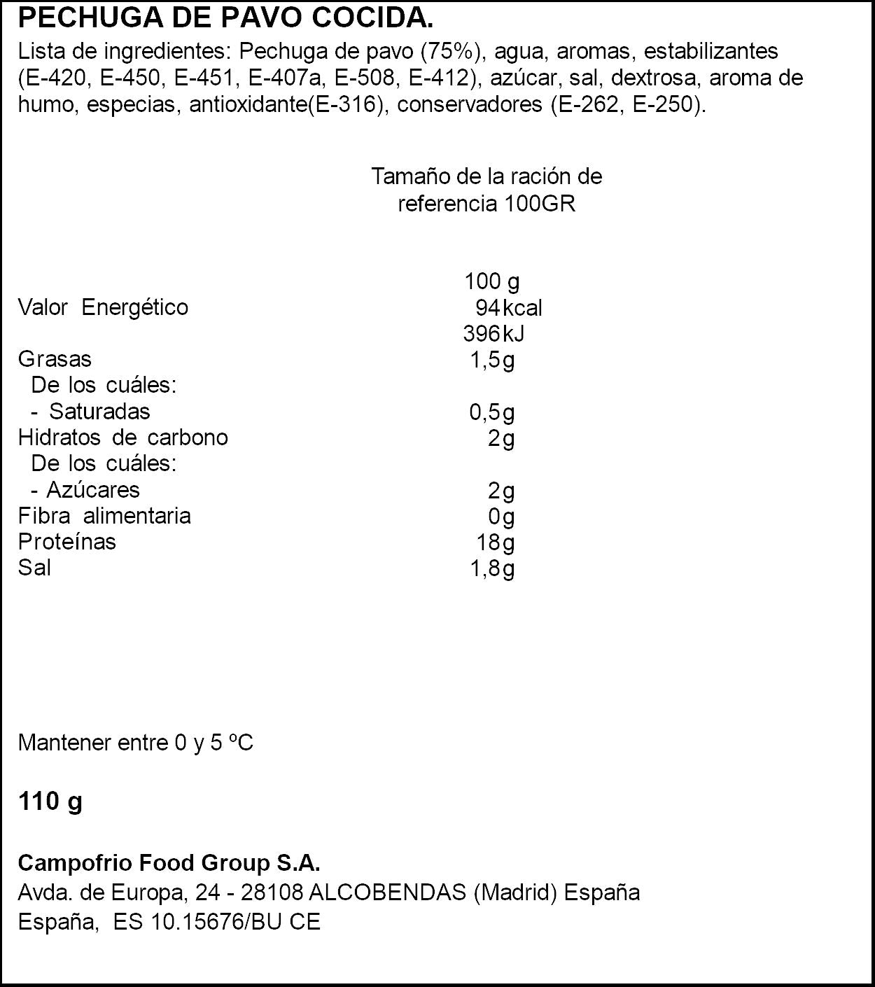 Pechuga pavo finissimas lonchas Campofrio 115g