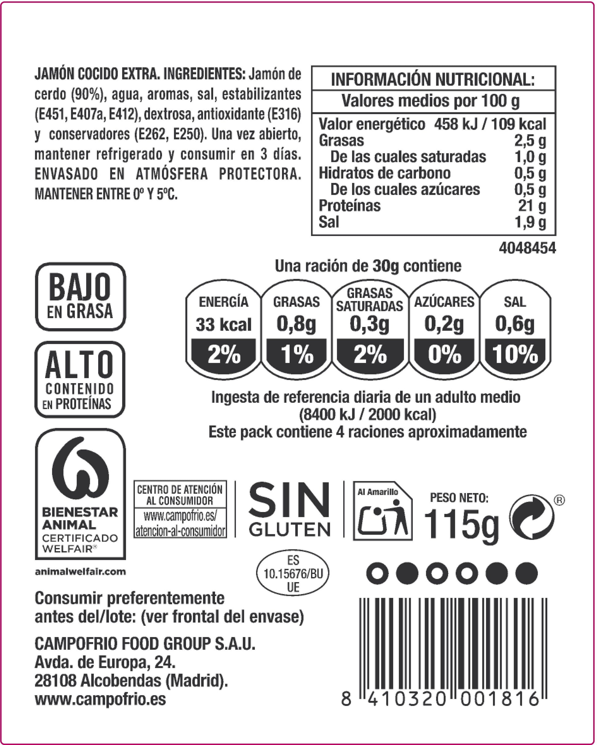Jamón cocido finissimas lonchas Campofrio 115g