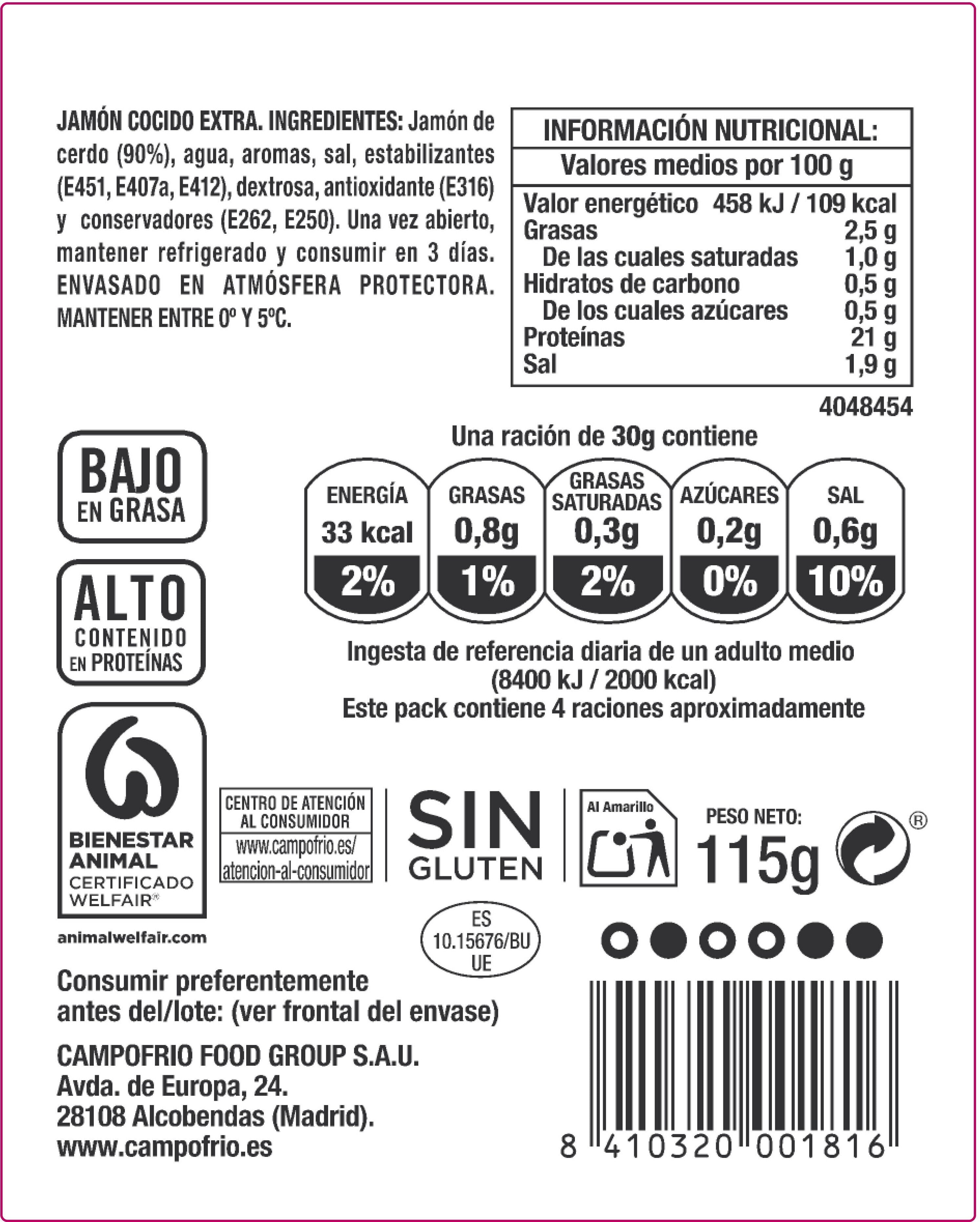 Jamón cocido finissimas lonchas Campofrio 115g