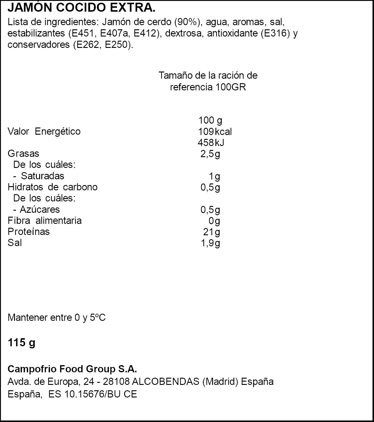 Jamón cocido finissimas lonchas Campofrio 115g
