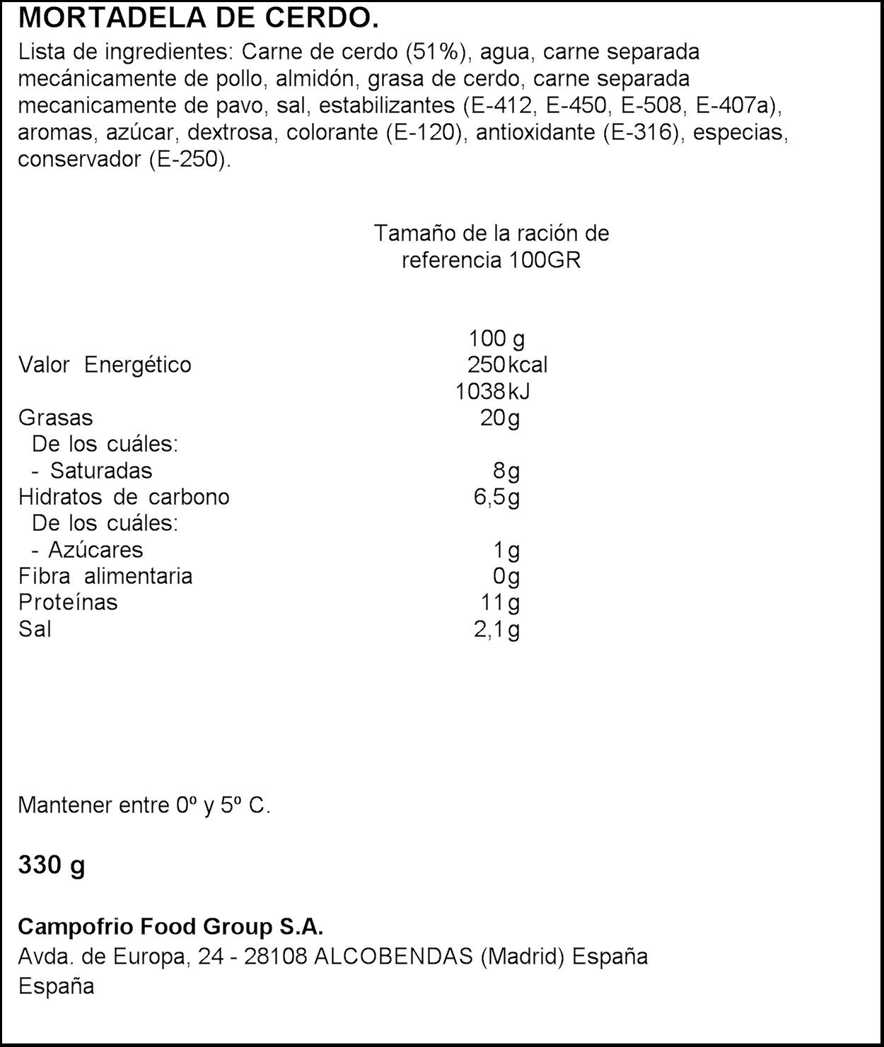 Mortadela clásica Campofrio 330g