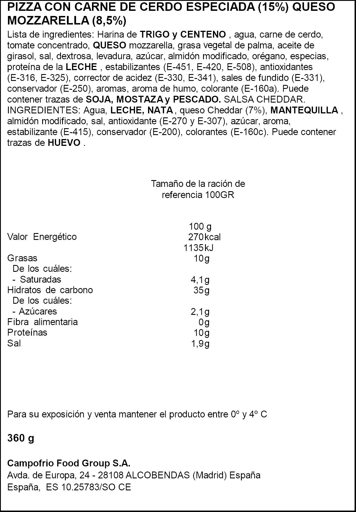 Pizza c/salsa mozzarella jam/ques Campofrio 360g