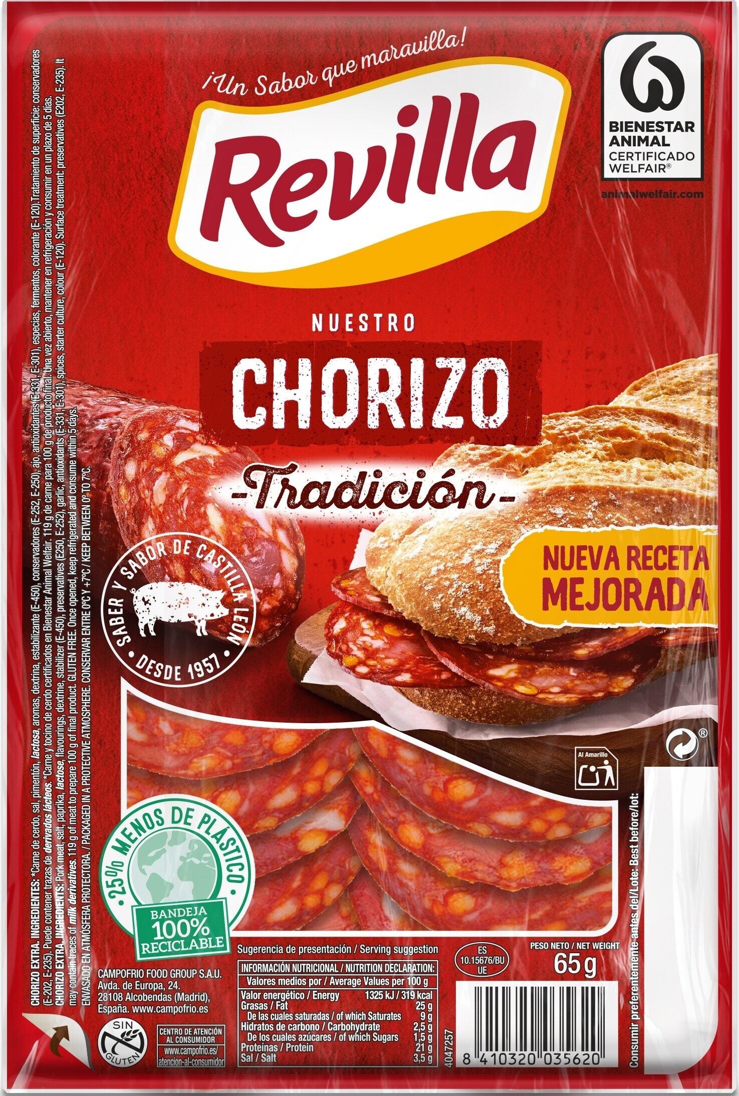 Chorizo tradicción lonchas Revilla 65g