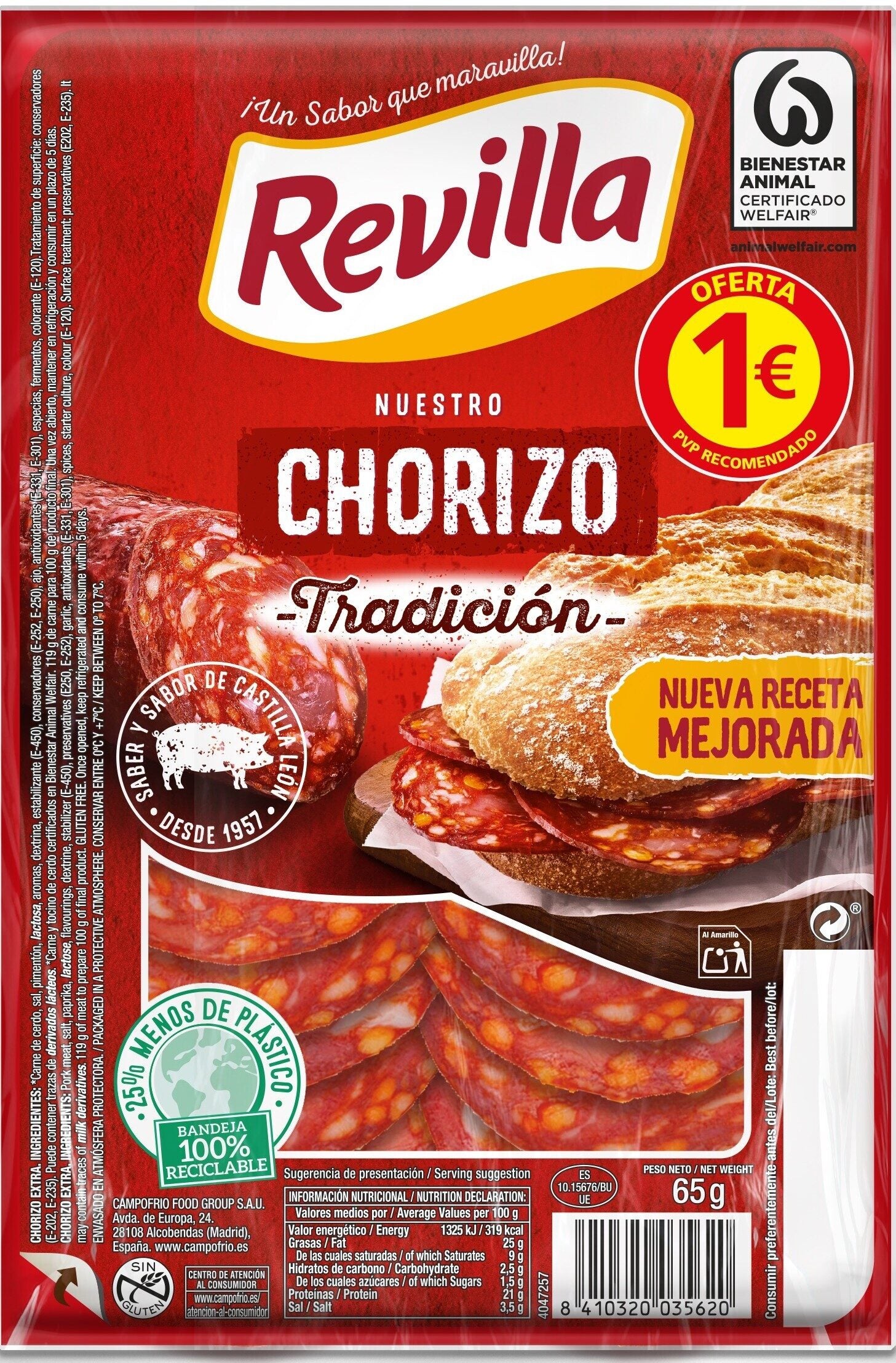 Chorizo tradicción lonchas Revilla 65g