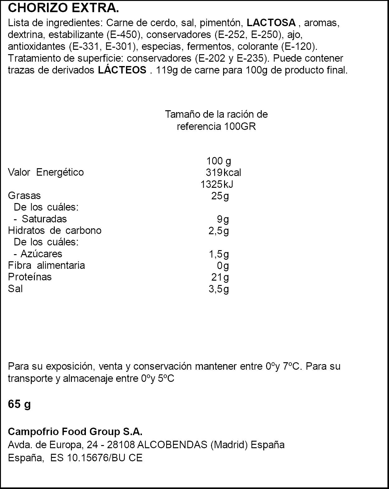 Chorizo tradicción lonchas Revilla 65g
