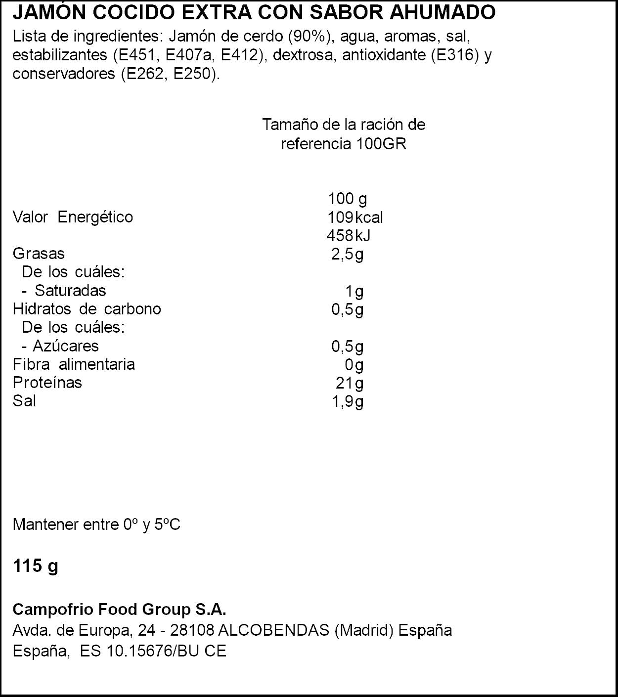 Jamon cocido braseada finisima Campofrio 115g