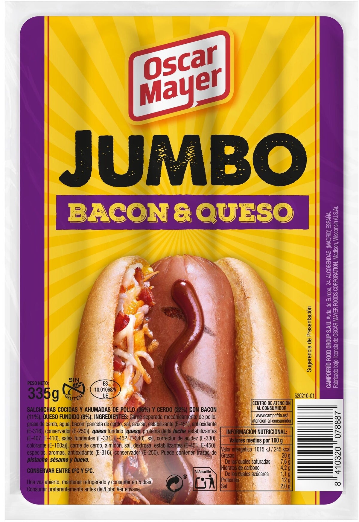 Salchicha bacón/queso jumbo Oscar mayer 335g
