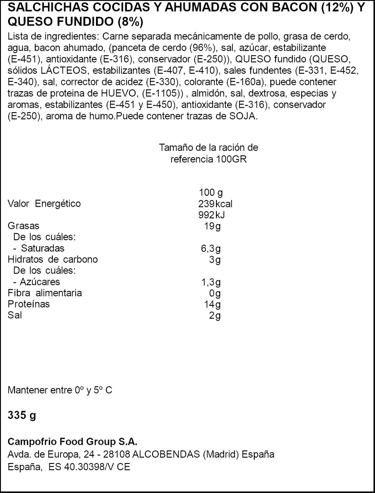 Salchicha bacón/queso jumbo Oscar mayer 335g