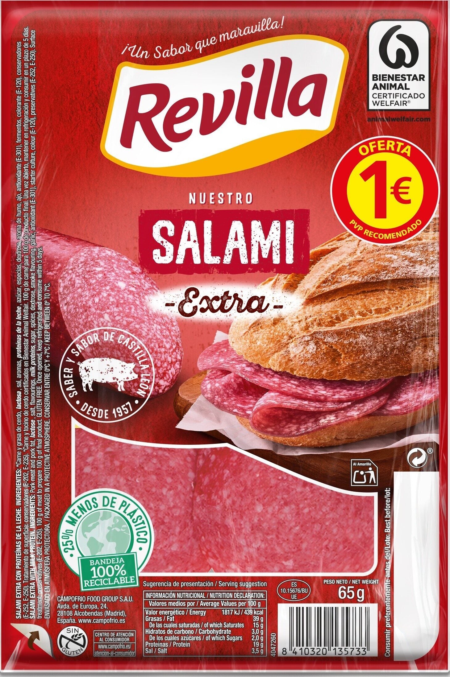 Salami extra lonchas Revilla 65g