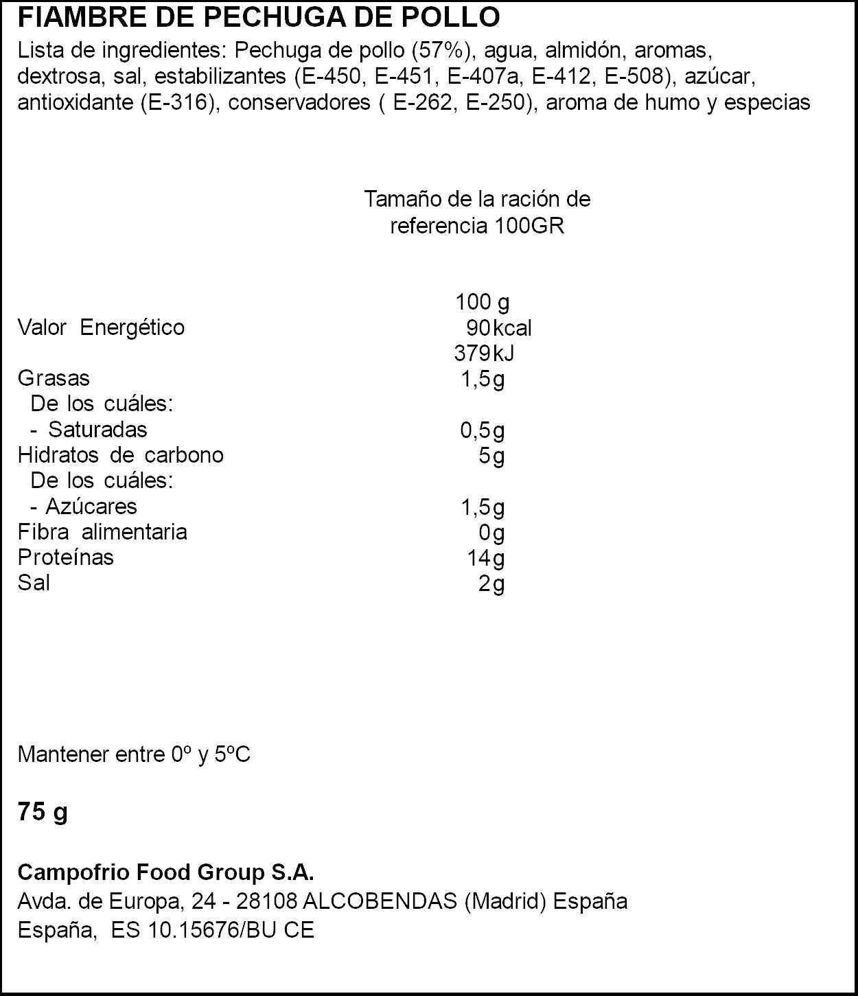 Pechuga pollo fiambre Campofrio 75g