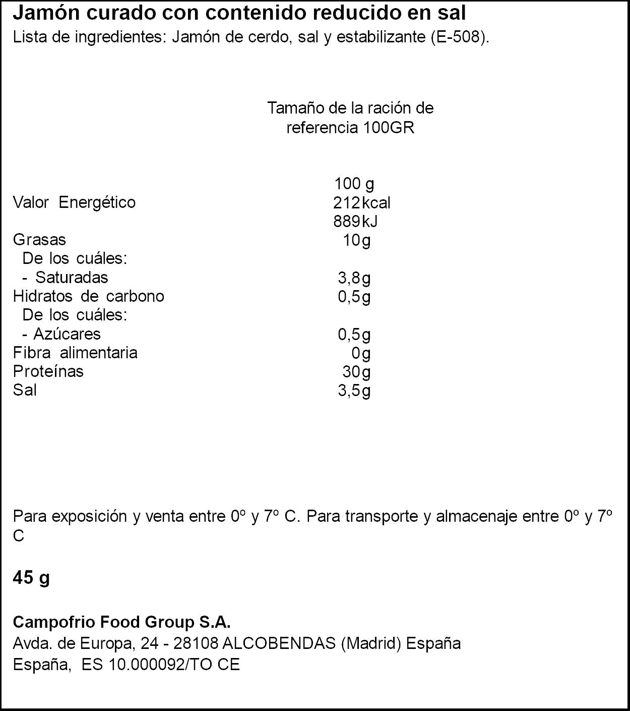 Jamón curado r/sal lonchas Navidul 50g