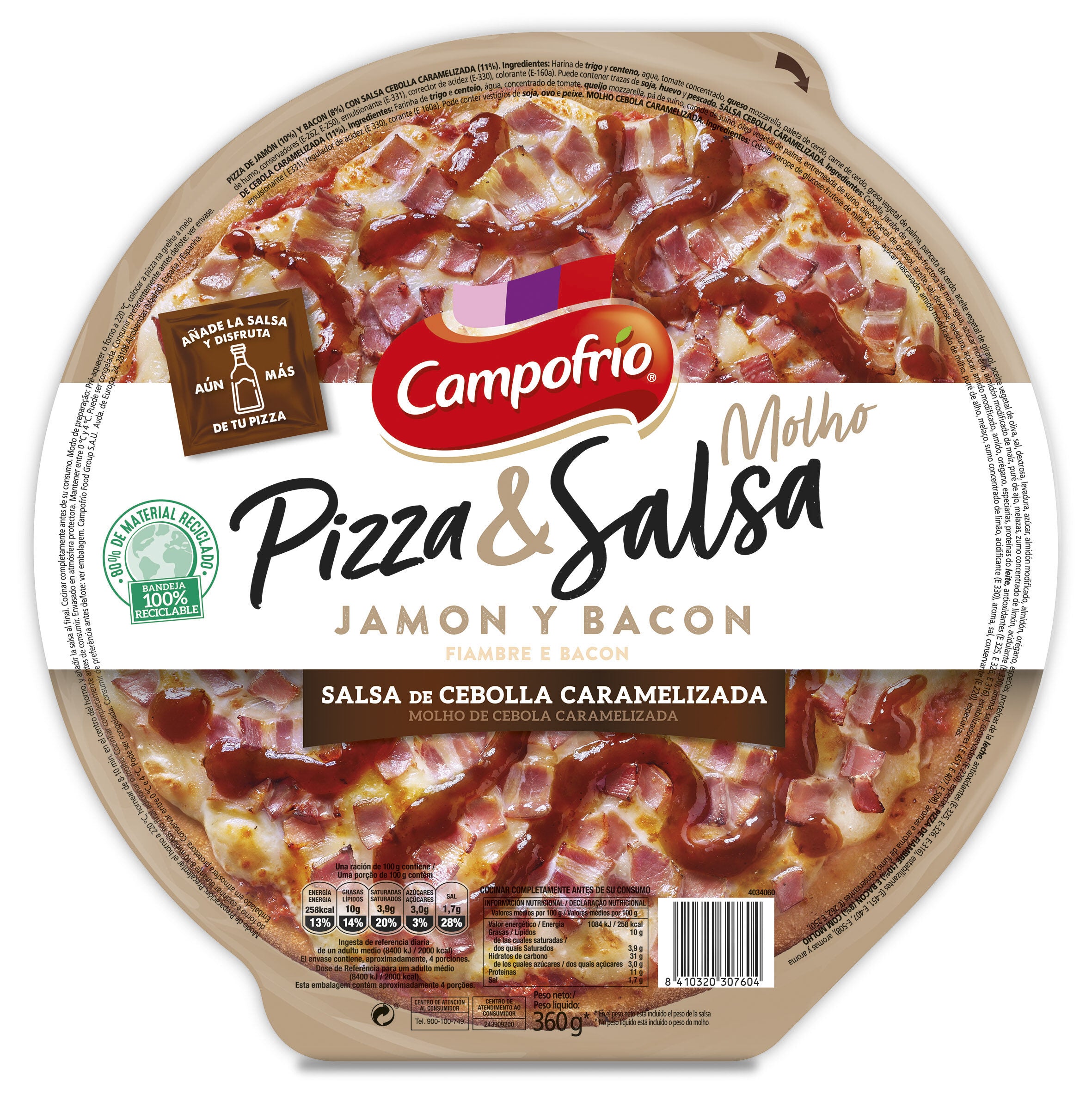 Pizza jamón/bacon/salsa cebolla caramelizada Campofrio 360g