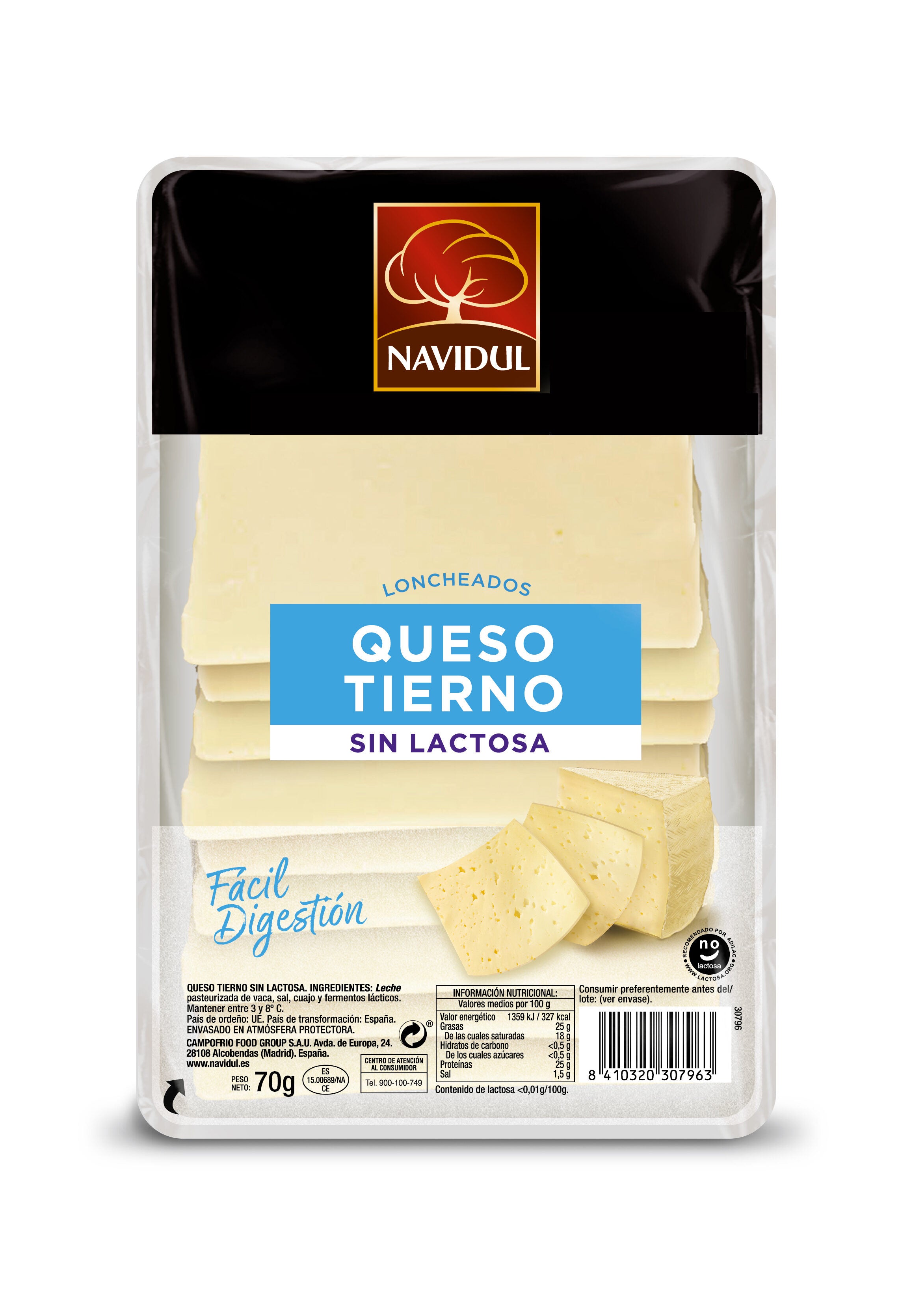 Queso tierno s/lactosa loncha Navidul 70g