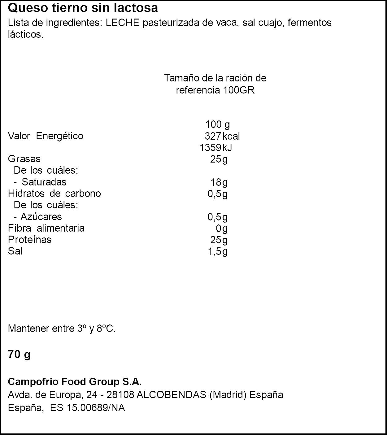 Queso tierno s/lactosa loncha Navidul 70g