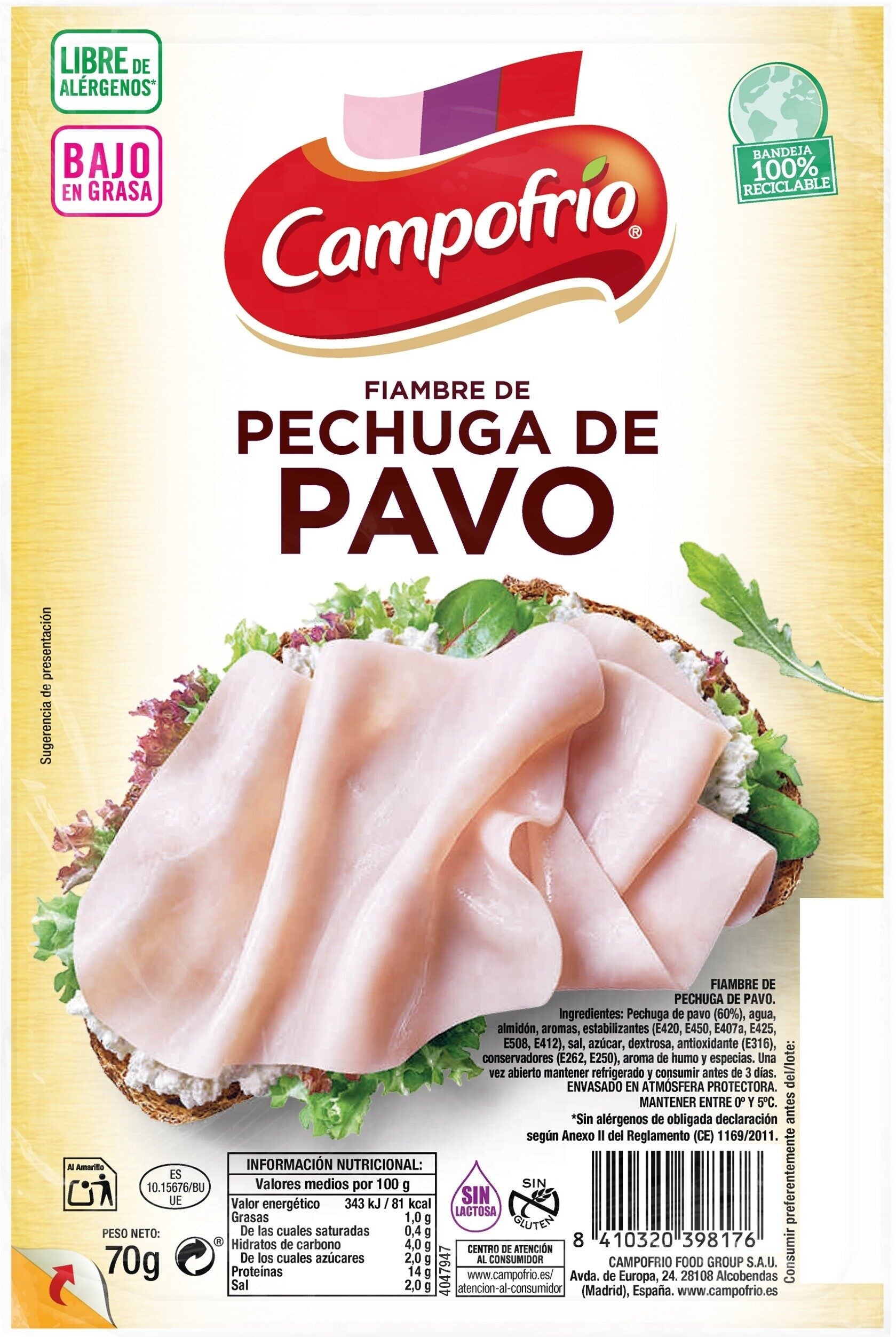 Pechuga pavo lonchas Campofrio 70g