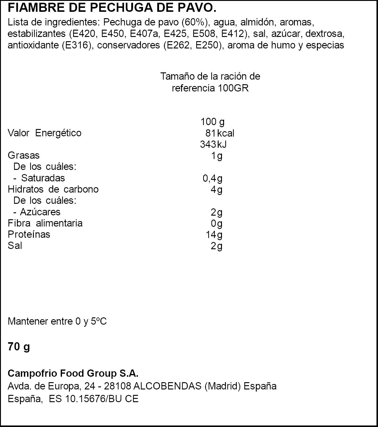 Pechuga pavo lonchas Campofrio 70g