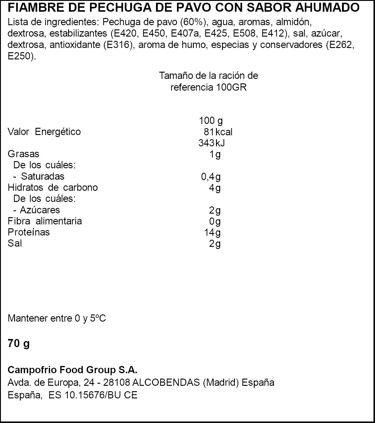 Pechuga pavo braseada lonchas Campofrio 70g