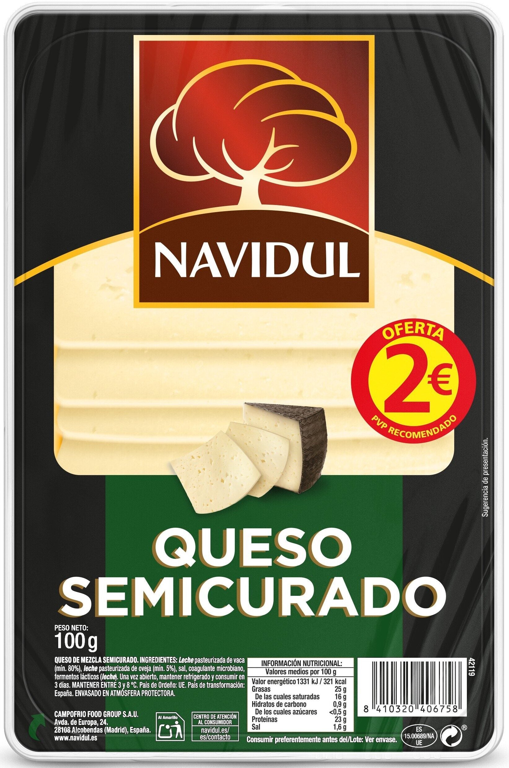 Queso semicurado loncha Navidul 110g 2€