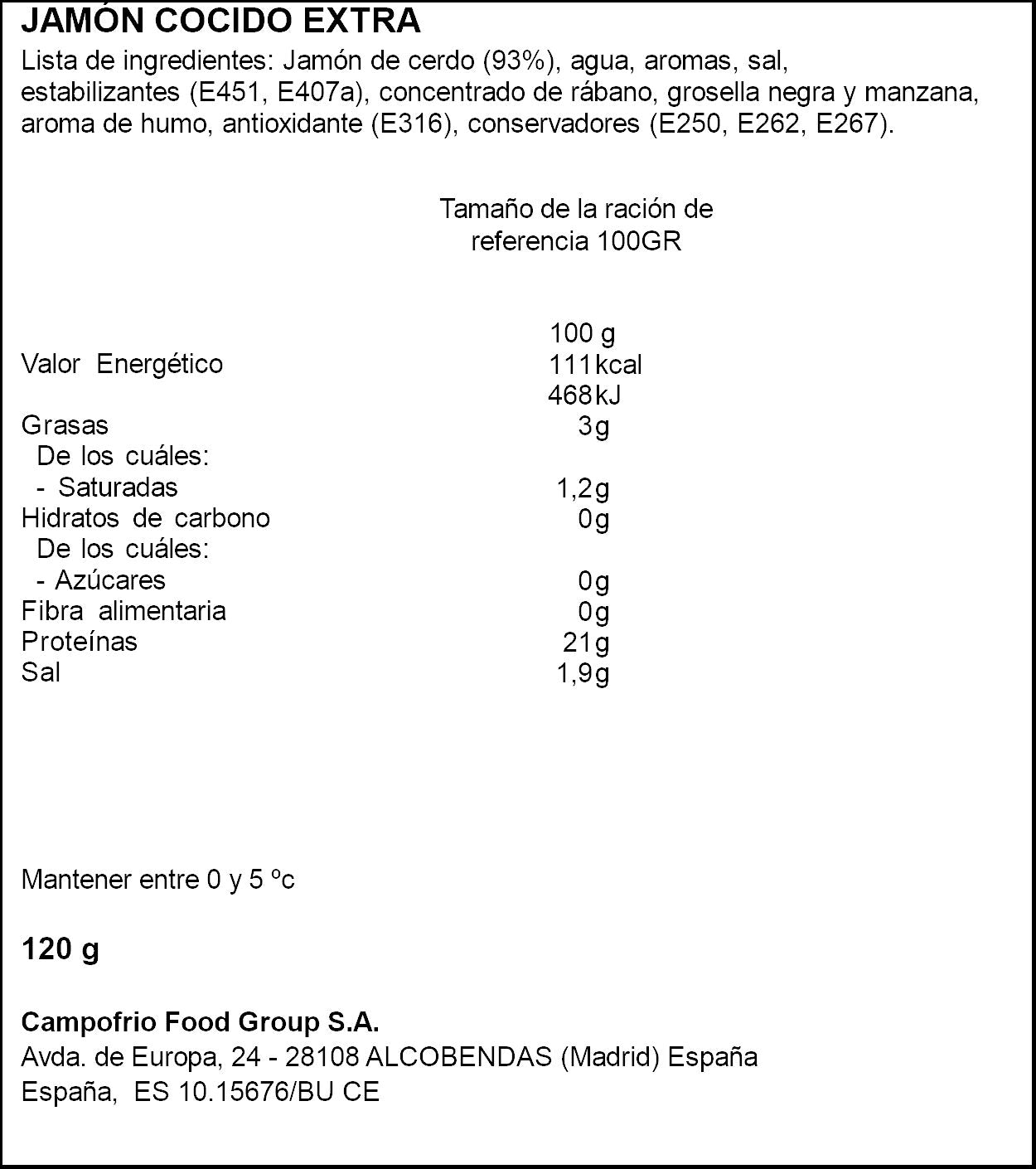 Jamon cocido extra lonchas Naturarte 120g