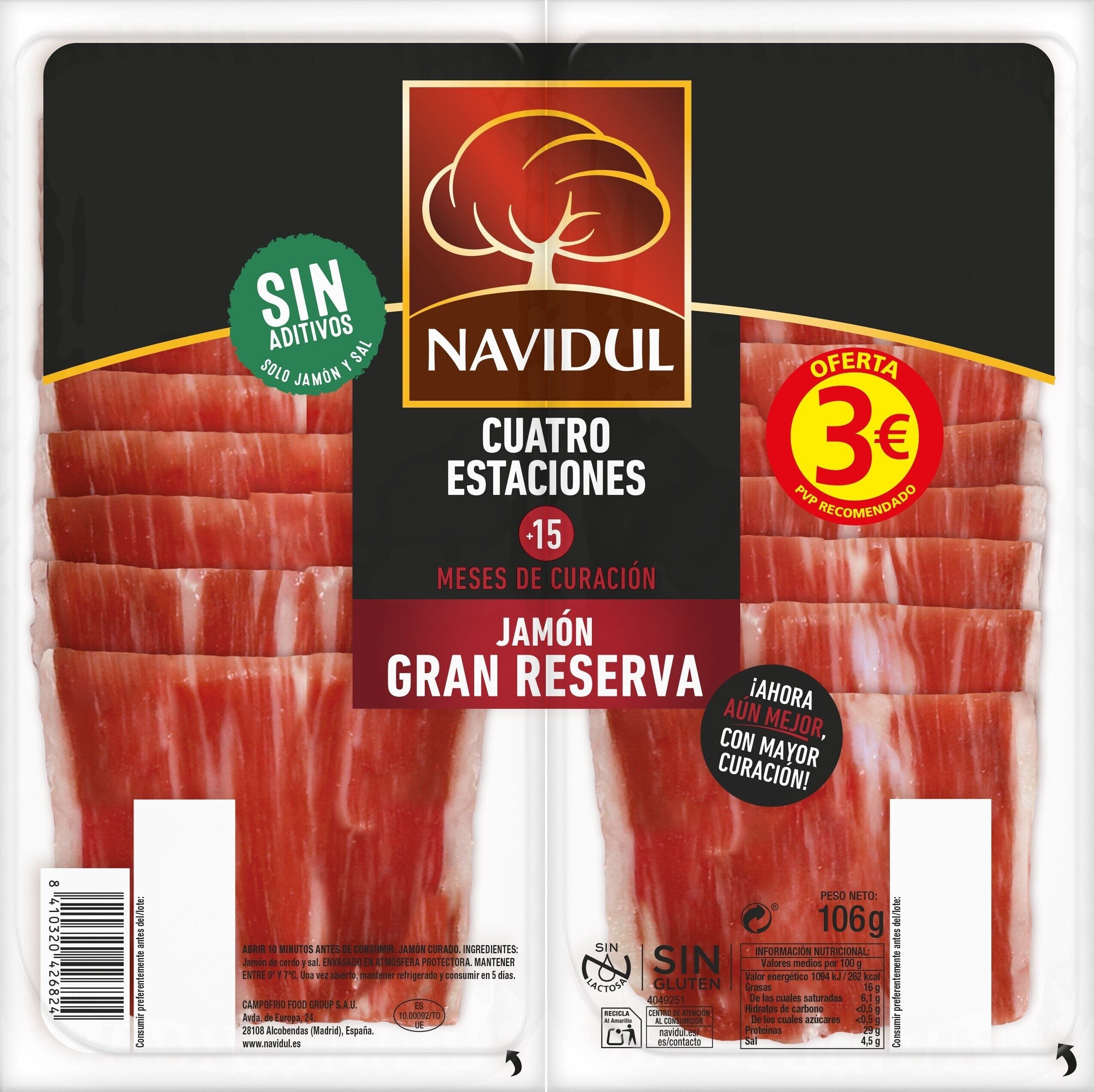 Jamón curado lonchas Navidul p2 53g/u 3€