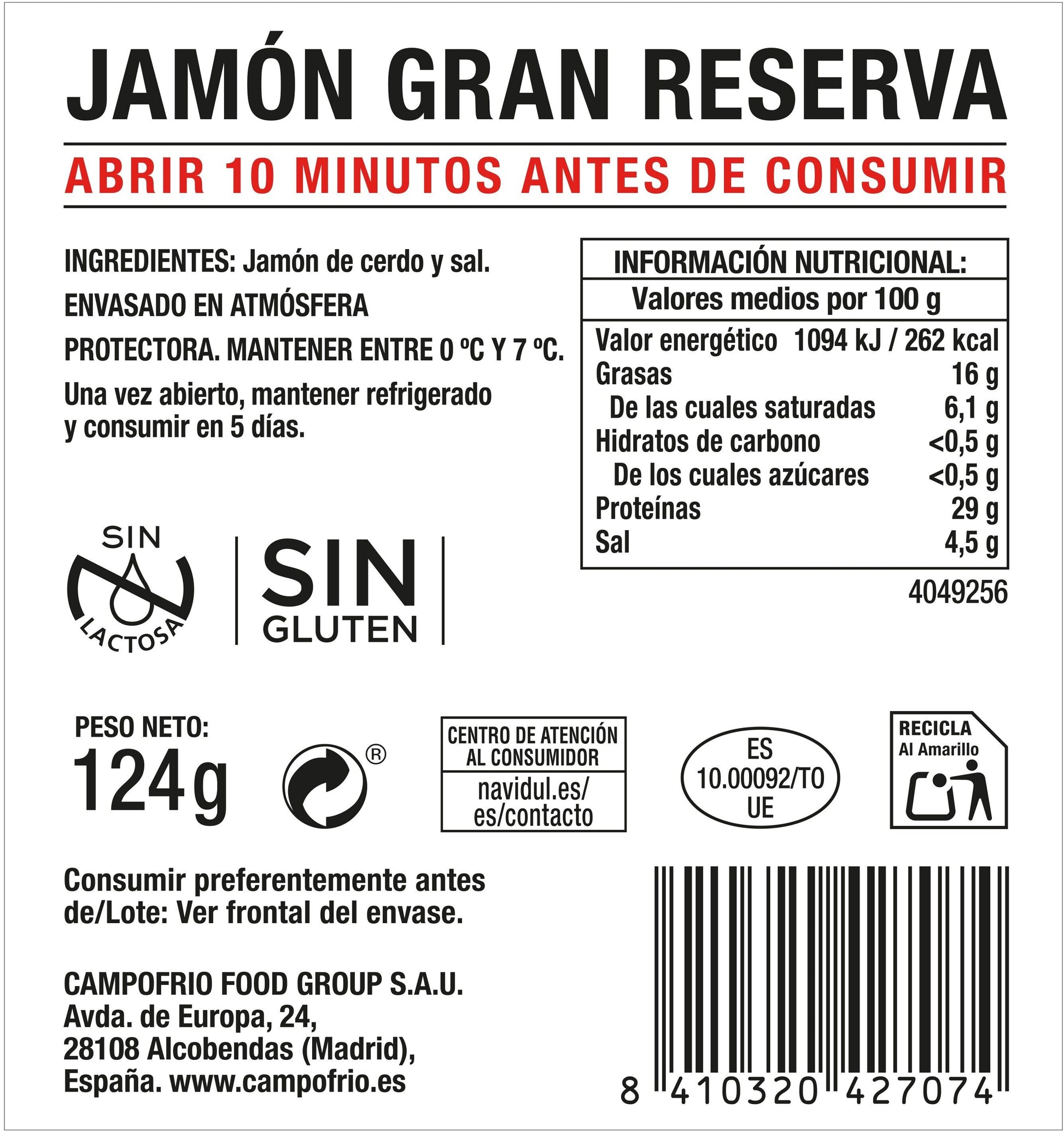 Jamón curado 4estaciones gran reserva Navidul 124g