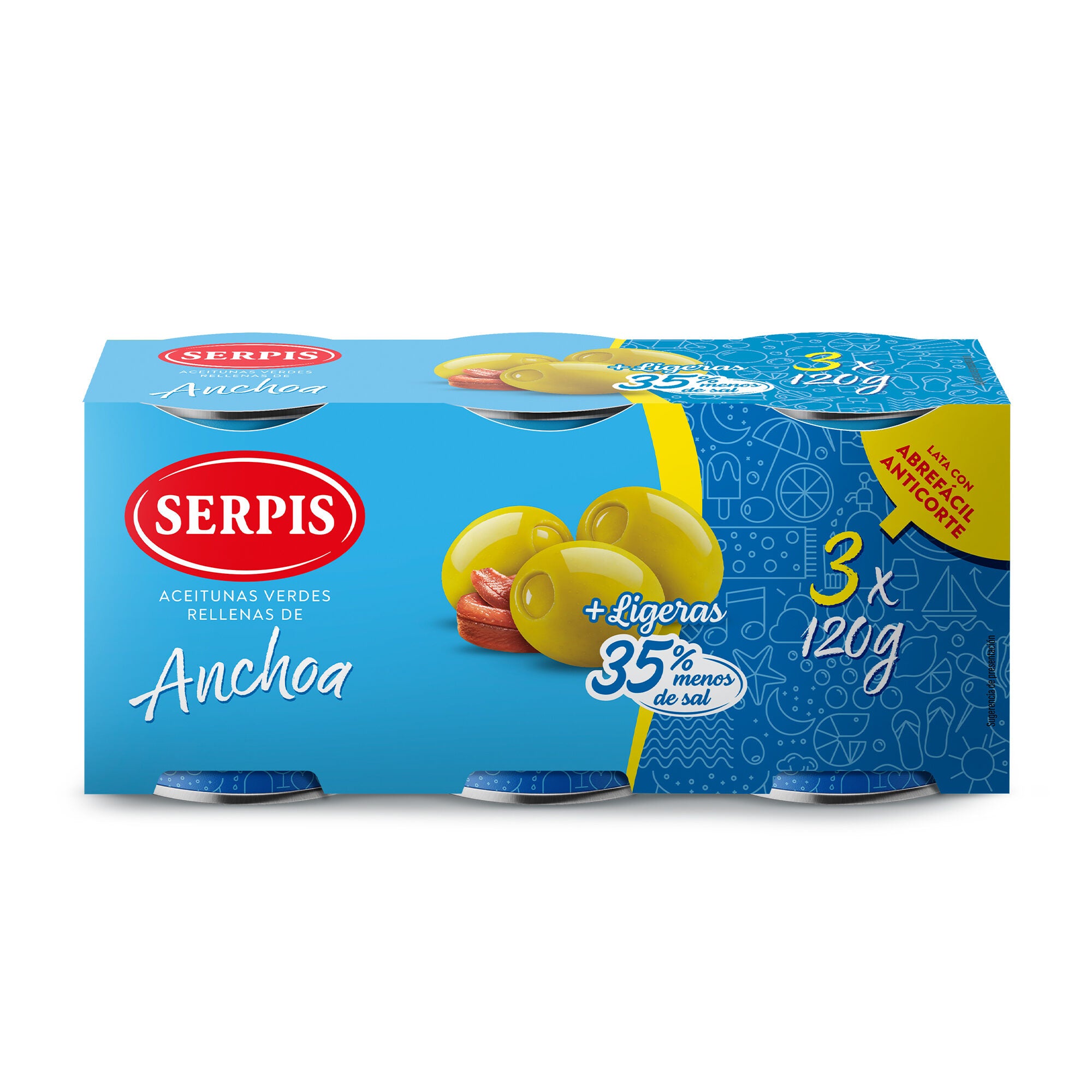 Aceituna verde rellena anchoa -35% sal Serpis p3 50g/u escurr