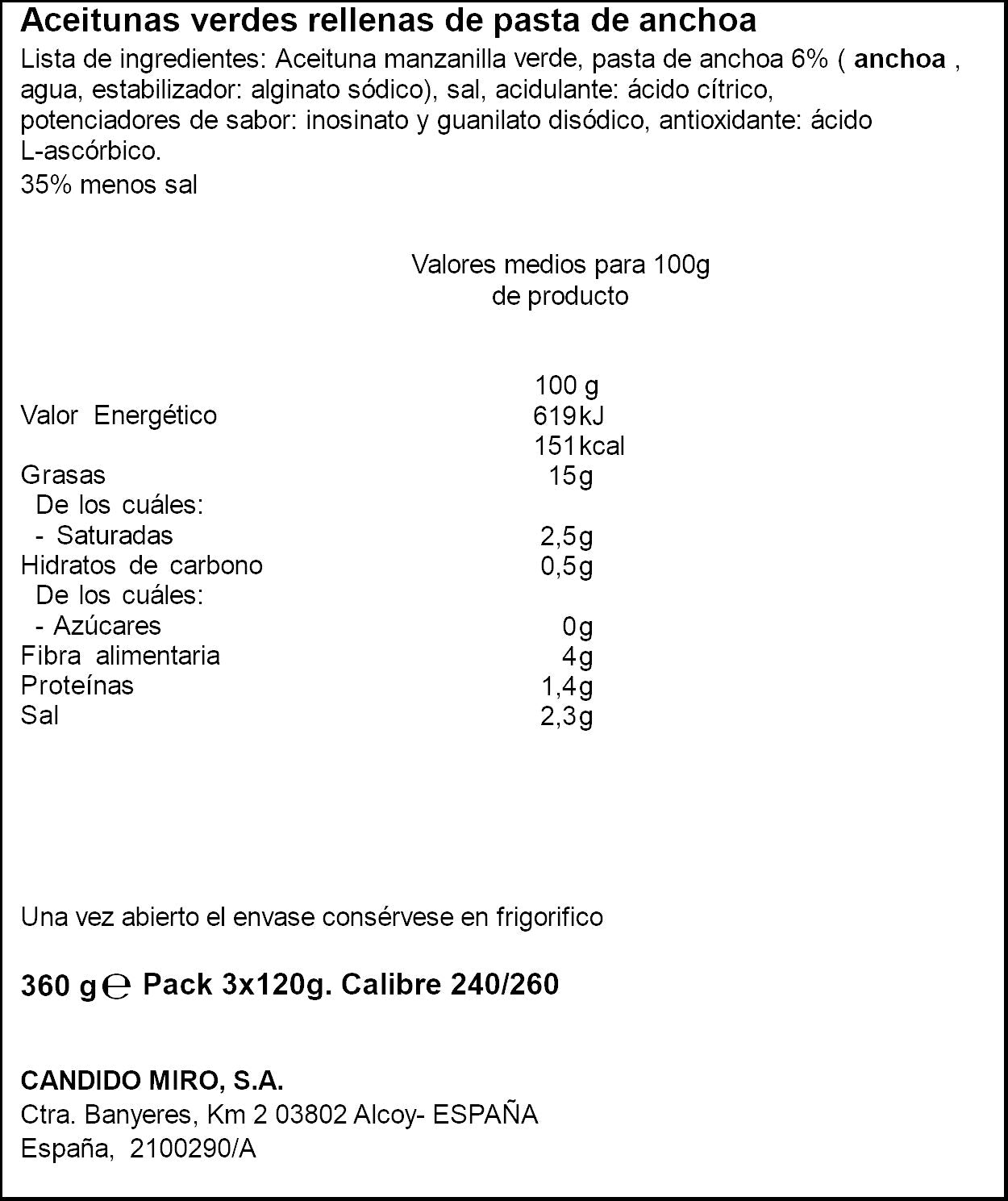 Aceituna verde rellena anchoa -35% sal Serpis p3 50g/u escurr