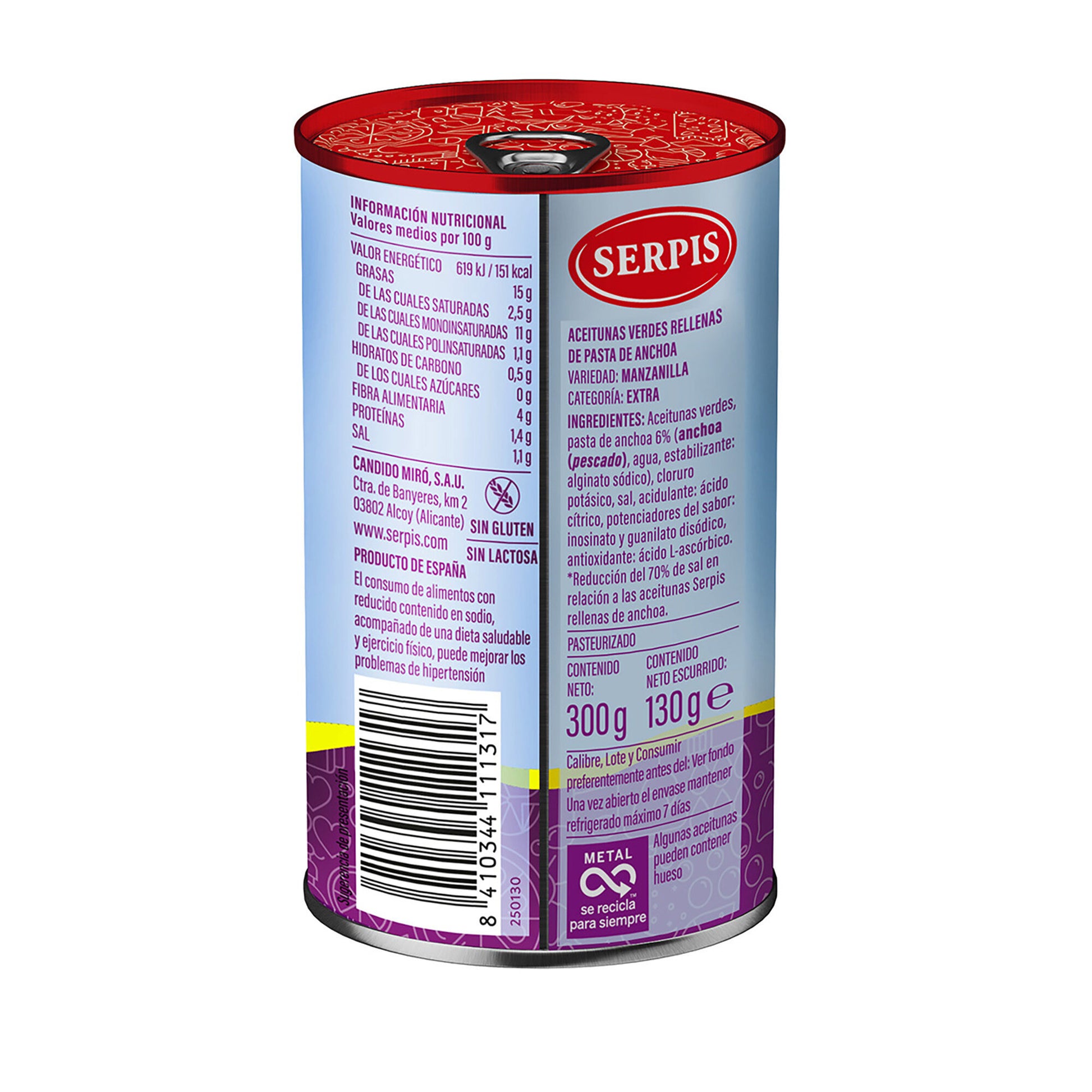 Aceituna verde rellena anchoa -70% sal Serpis 130g escurr