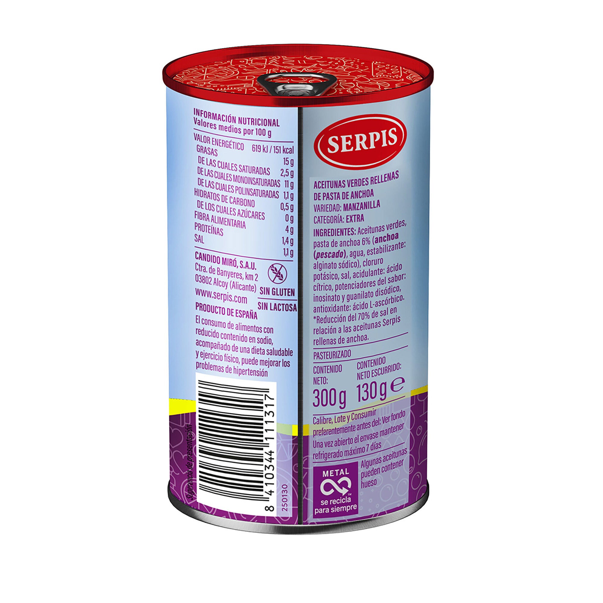 Aceituna verde rellena anchoa -70% sal Serpis 130g escurr
