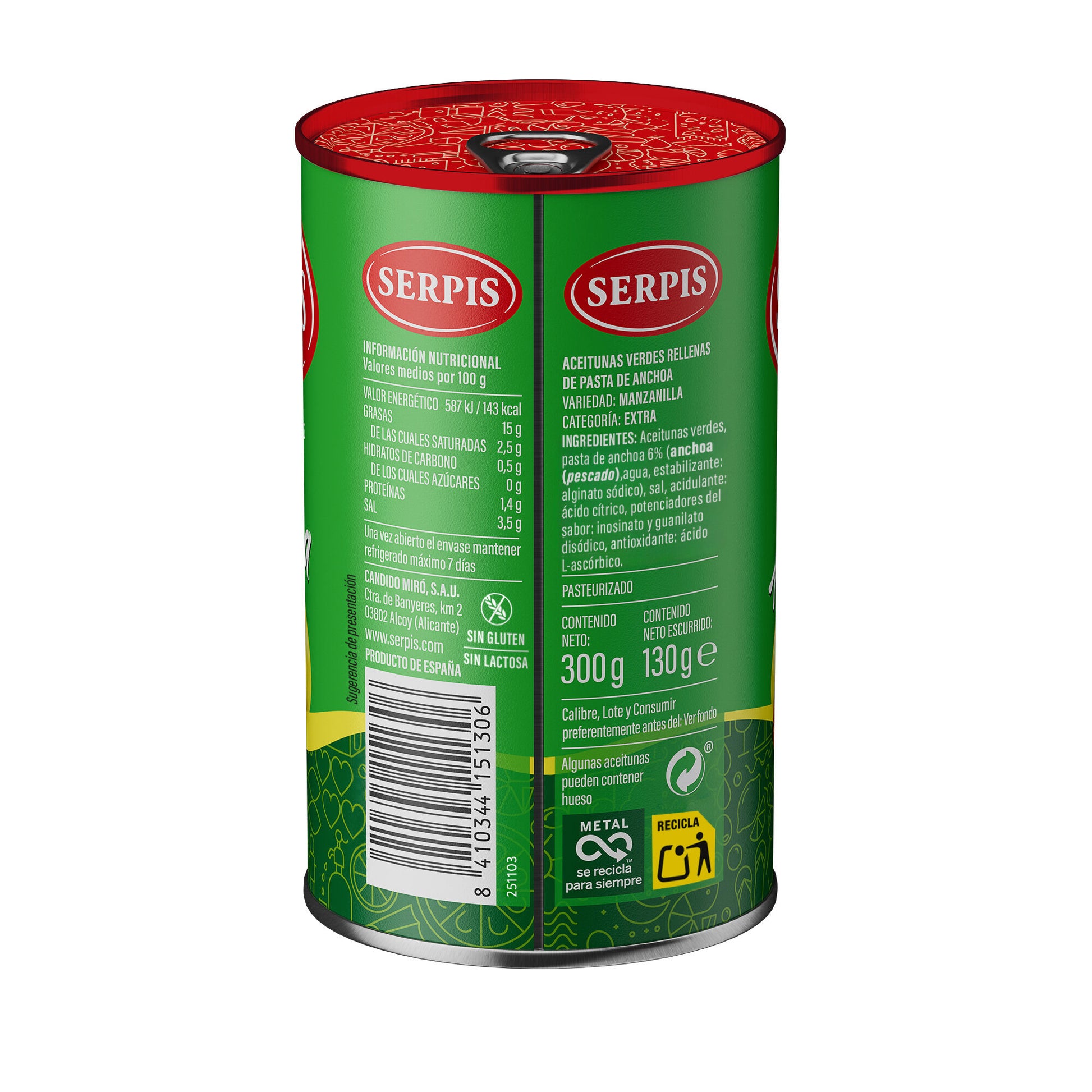 Aceitunas verde rellenas anchoa lata Serpis 130g escurr