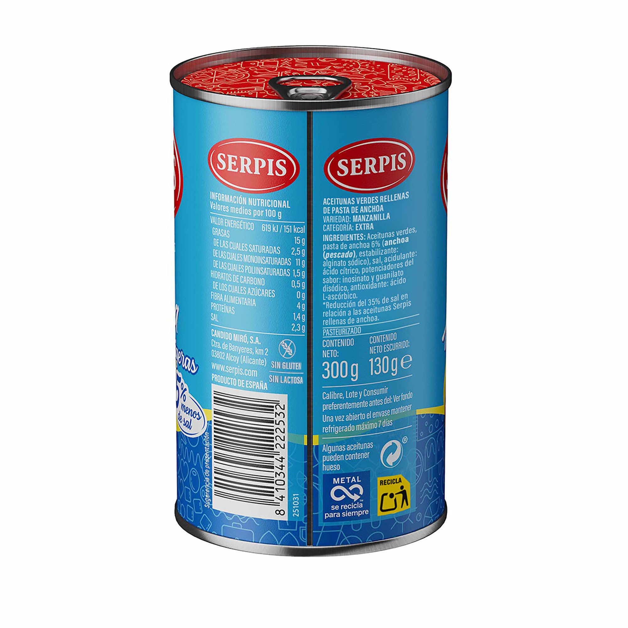 Aceituna verde relle anchoa ligera -35%sal Serpis 130g escurr