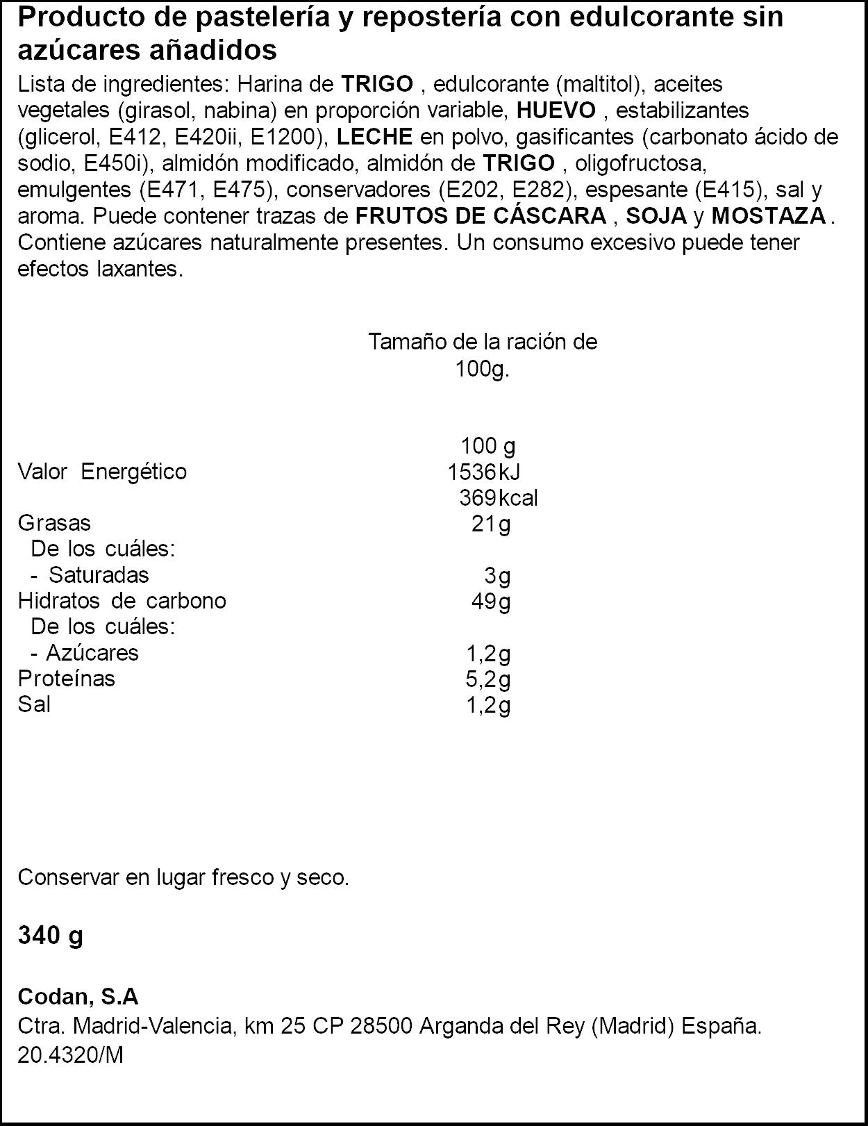 Sobao s/azúcar Codan 340g