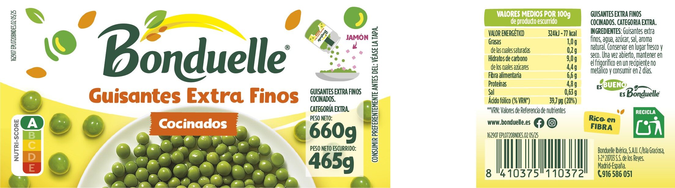 Guisante cocinado extra cristal Boundelle 465g escurr