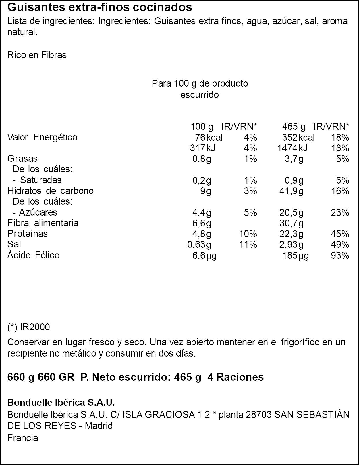 Guisante cocinado extra cristal Boundelle 465g escurr