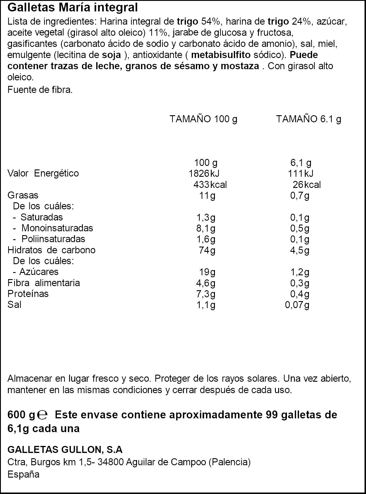 Galleta maría integral Gullón 600g
