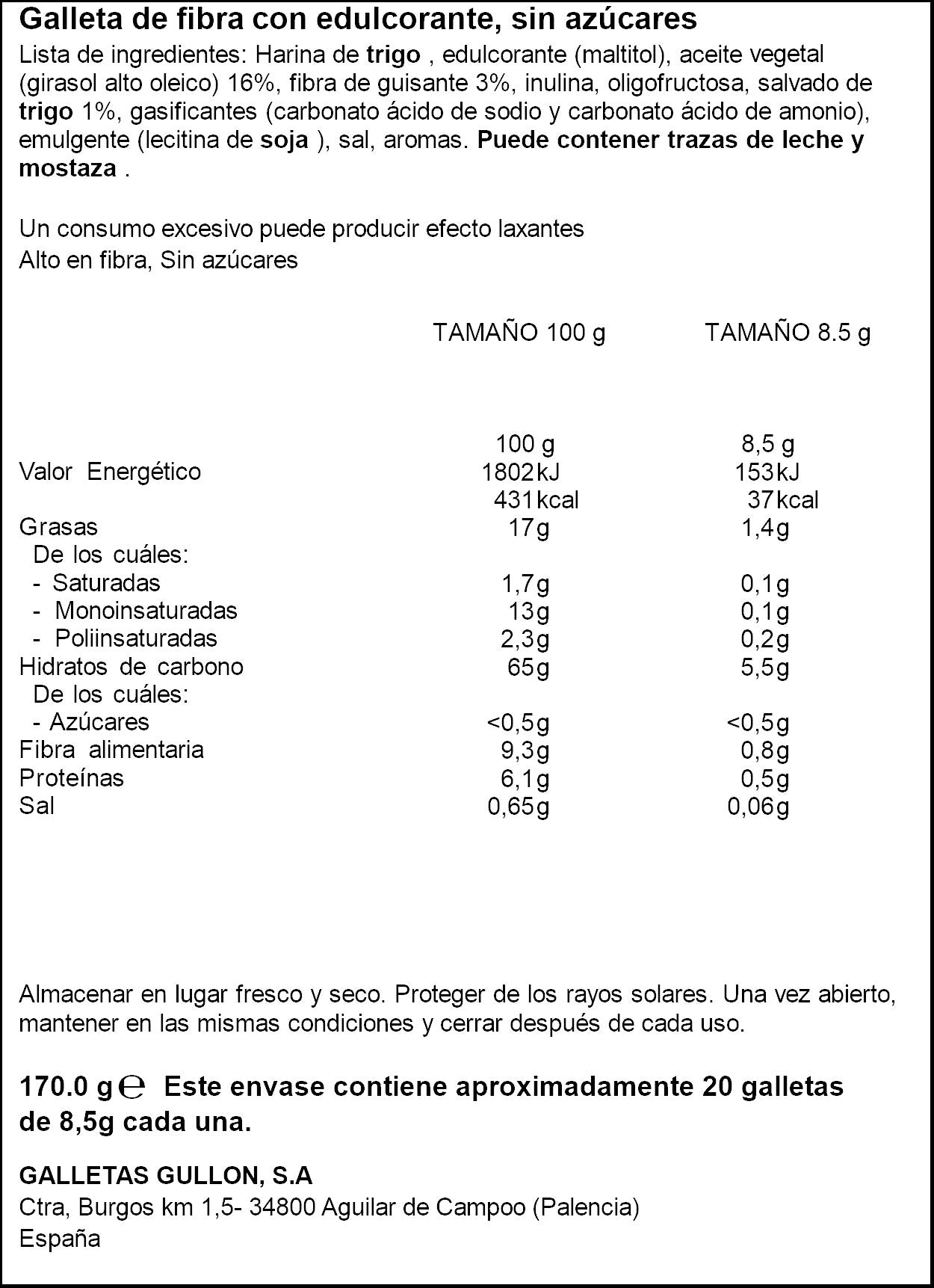 Galleta fibra s/az zero Gullón 170g
