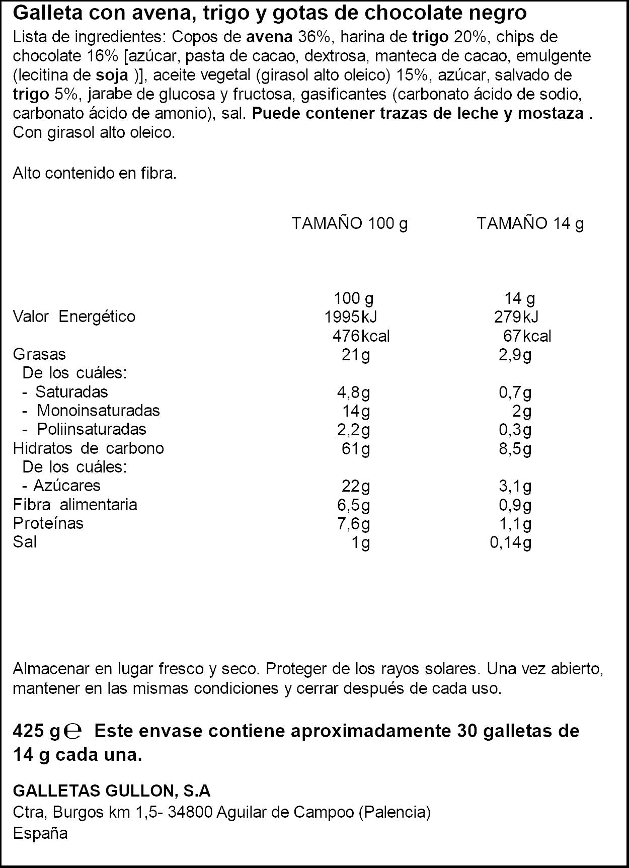 Galleta digestive avena chocolate Gullón 425g