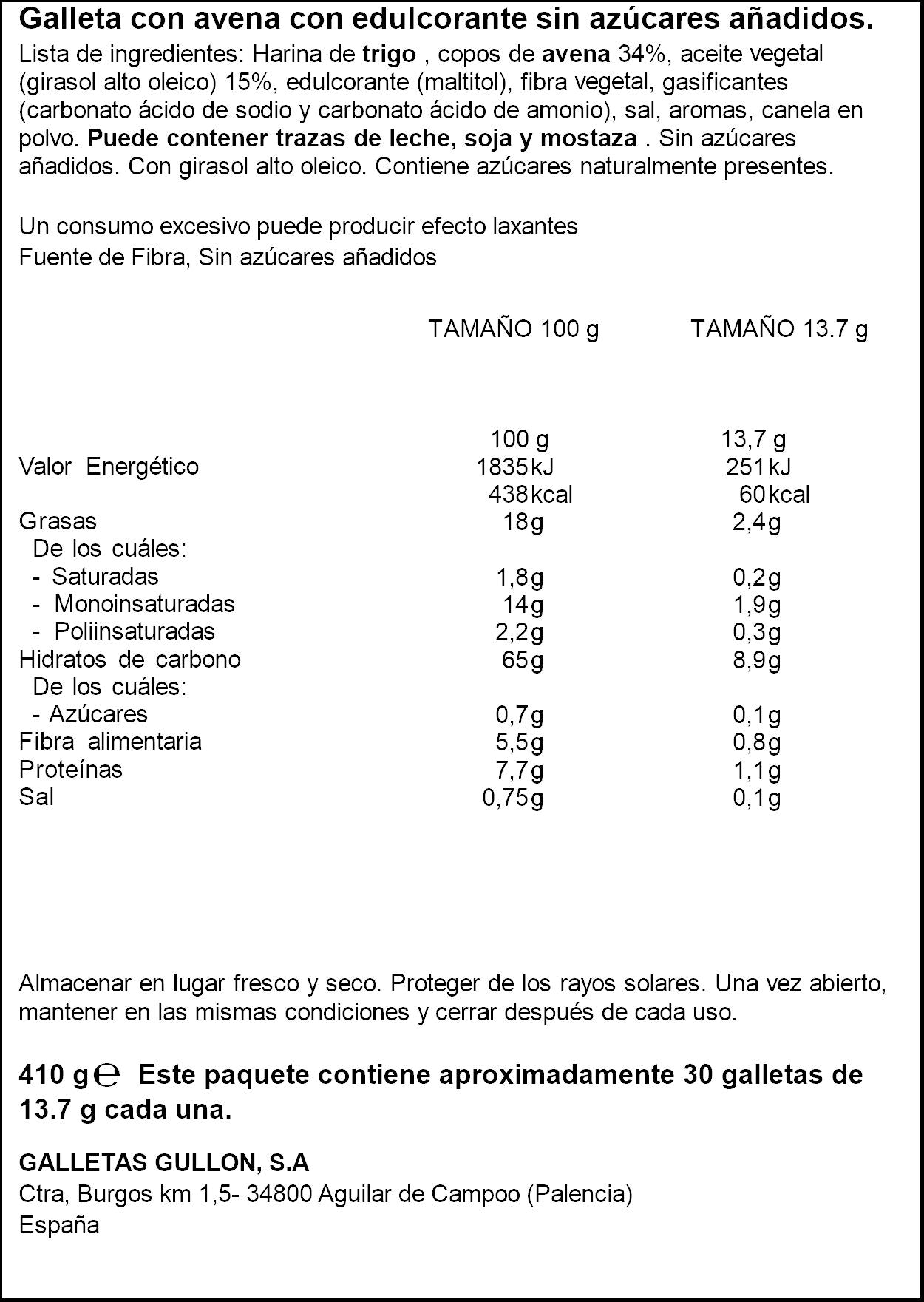 Galleta digestive avena s/az Gullón 410g