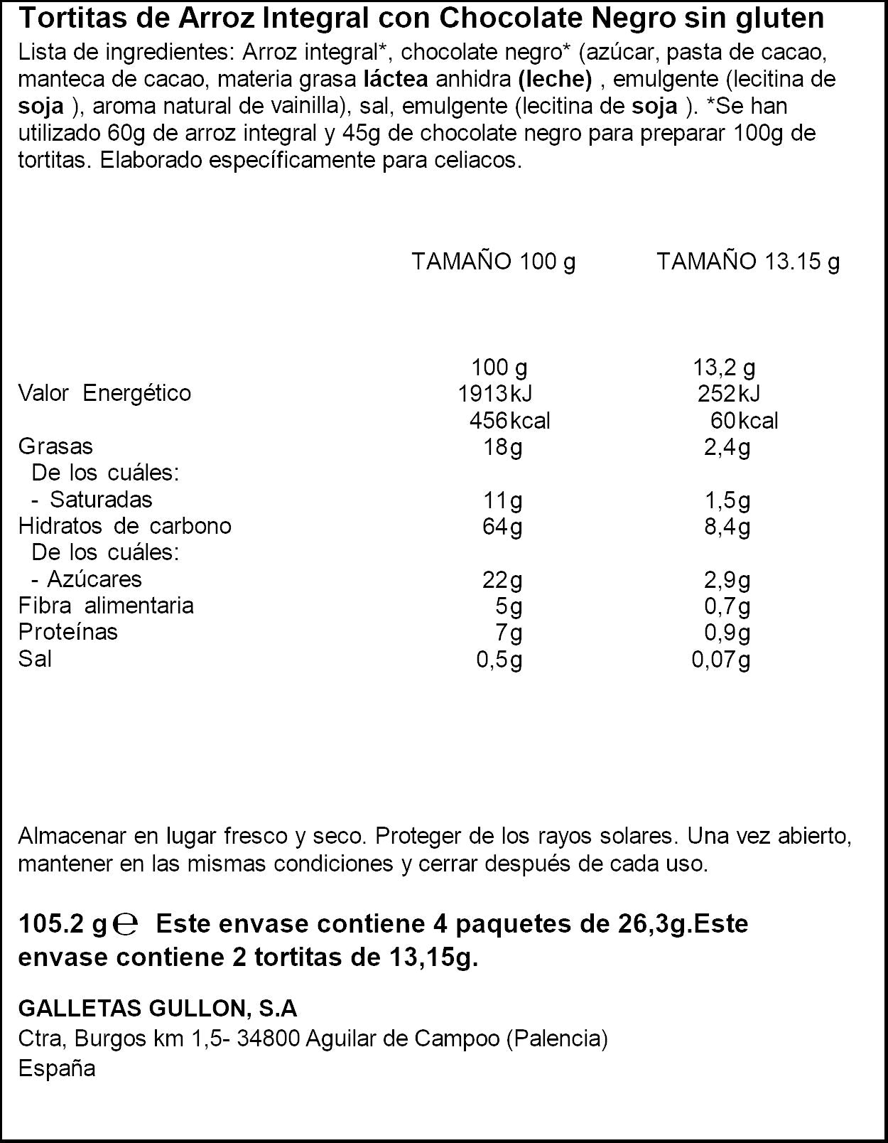 Tortita de arroz integral choco negro Vitalday Gullon 100g