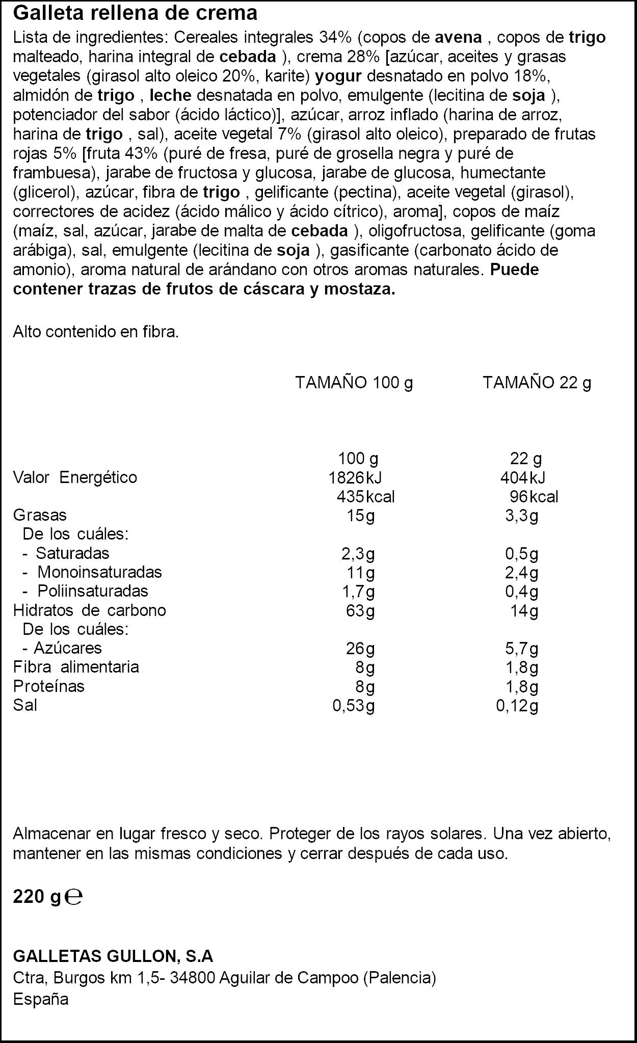 Galleta sandwich yogur avena frutos rojo Gullón 220g
